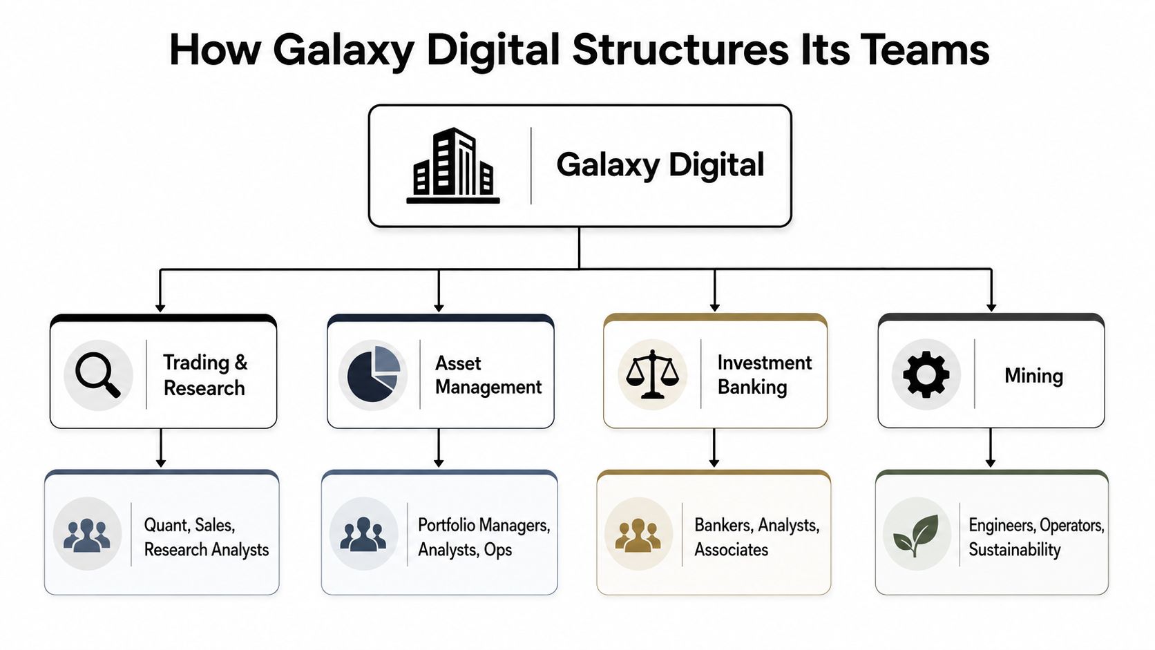 A hierarchical organizational chart illustrating the various business teams and roles within the Galaxy Digital company structure.