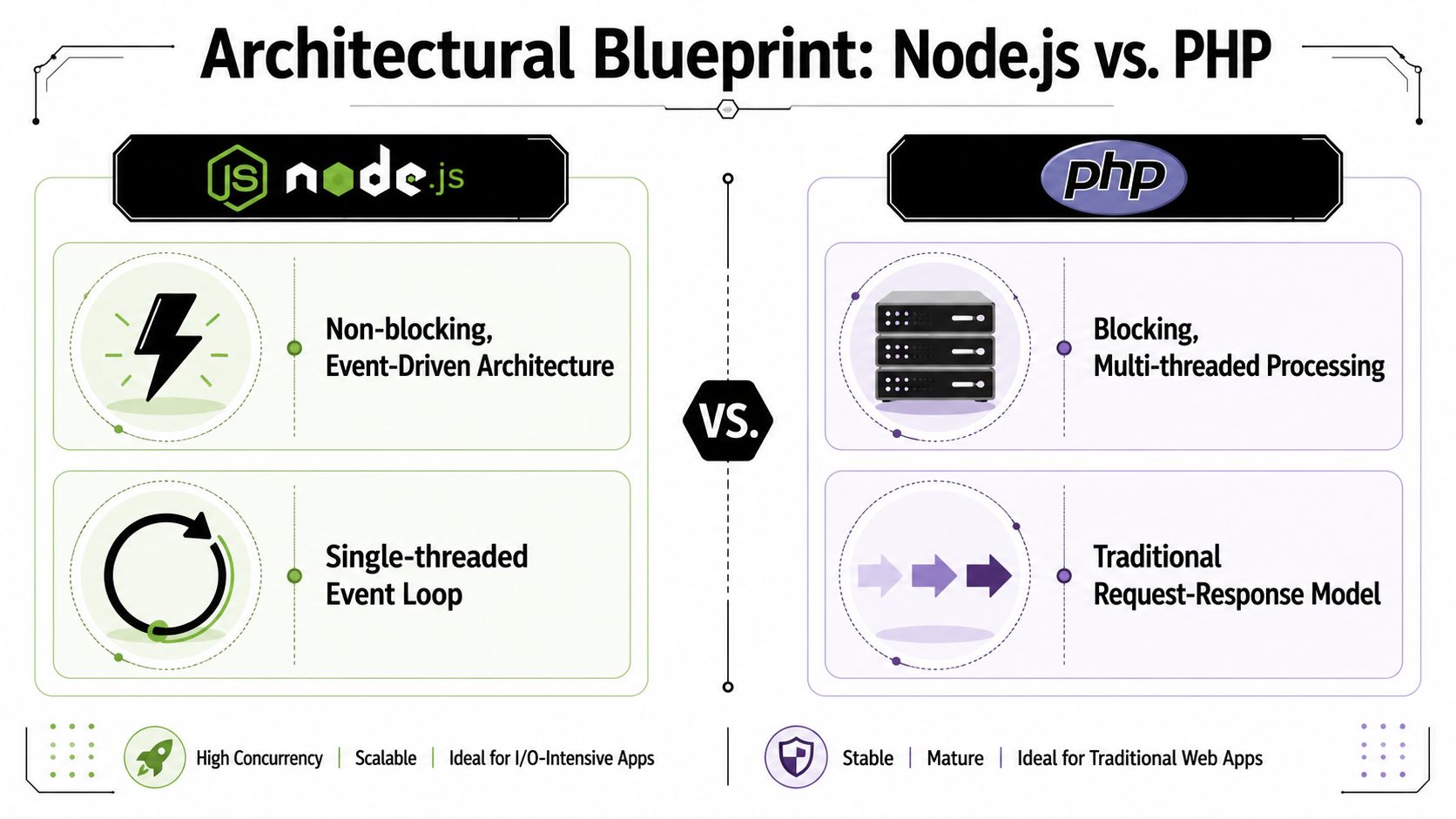 A comparison chart showing the architectural differences between Node.js event-driven models and PHP traditional request-response processing.