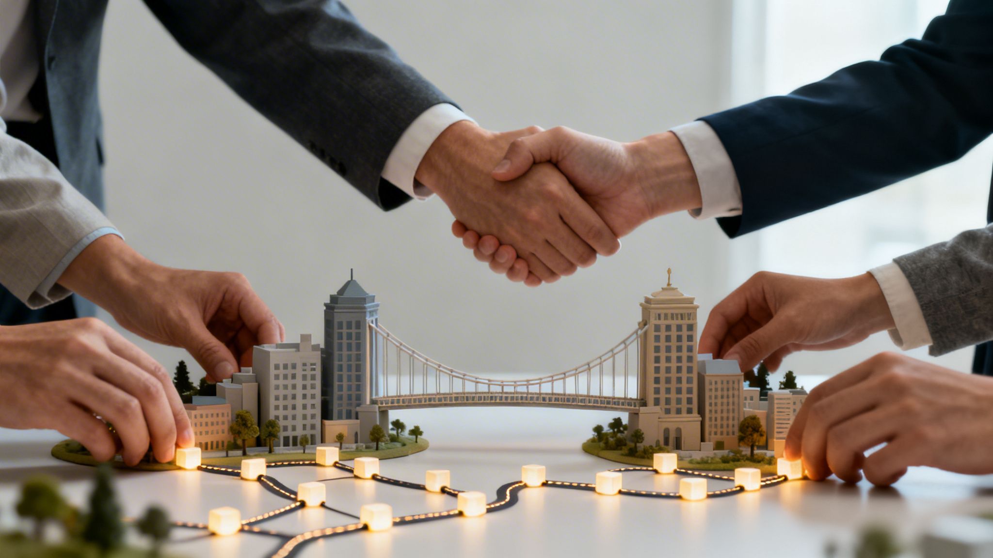 Two businessmen shake hands over a miniature city model with a bridge and illuminated pathways.