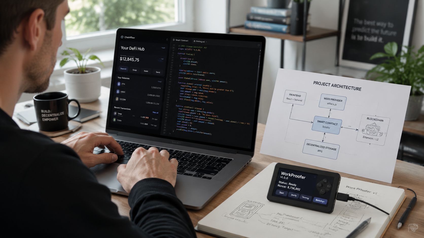 A developer working on decentralized finance software on a laptop with architecture diagrams and hardware in view.