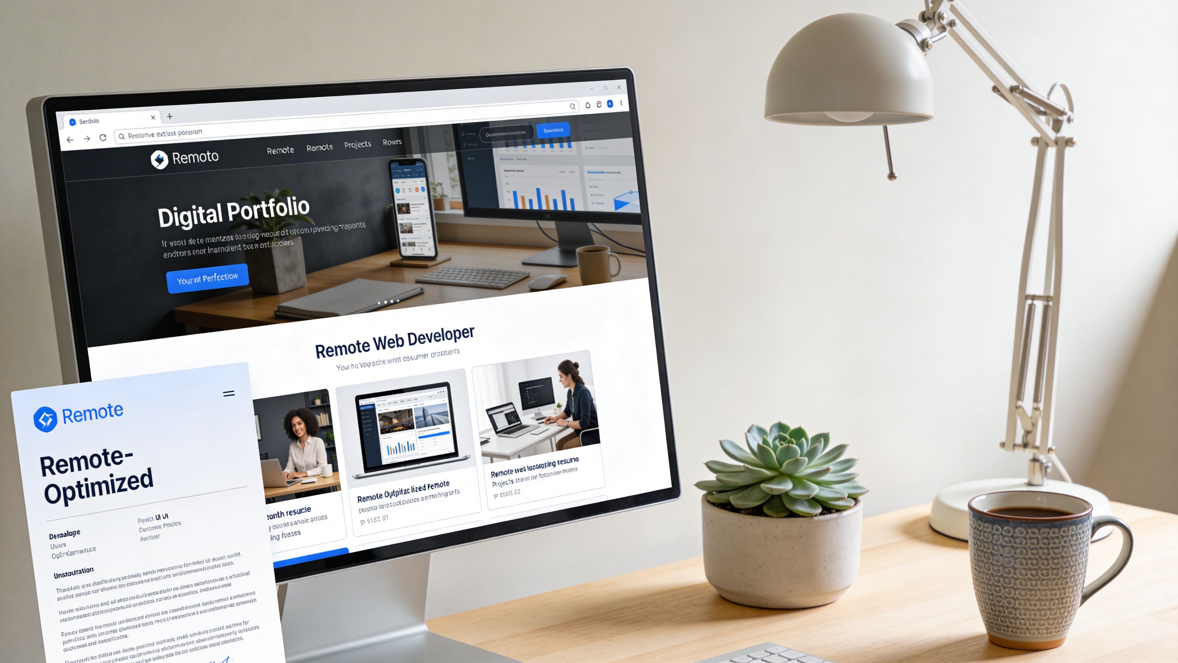 A computer monitor displaying a remote web development portfolio website on a wooden desk with a succulent and coffee.