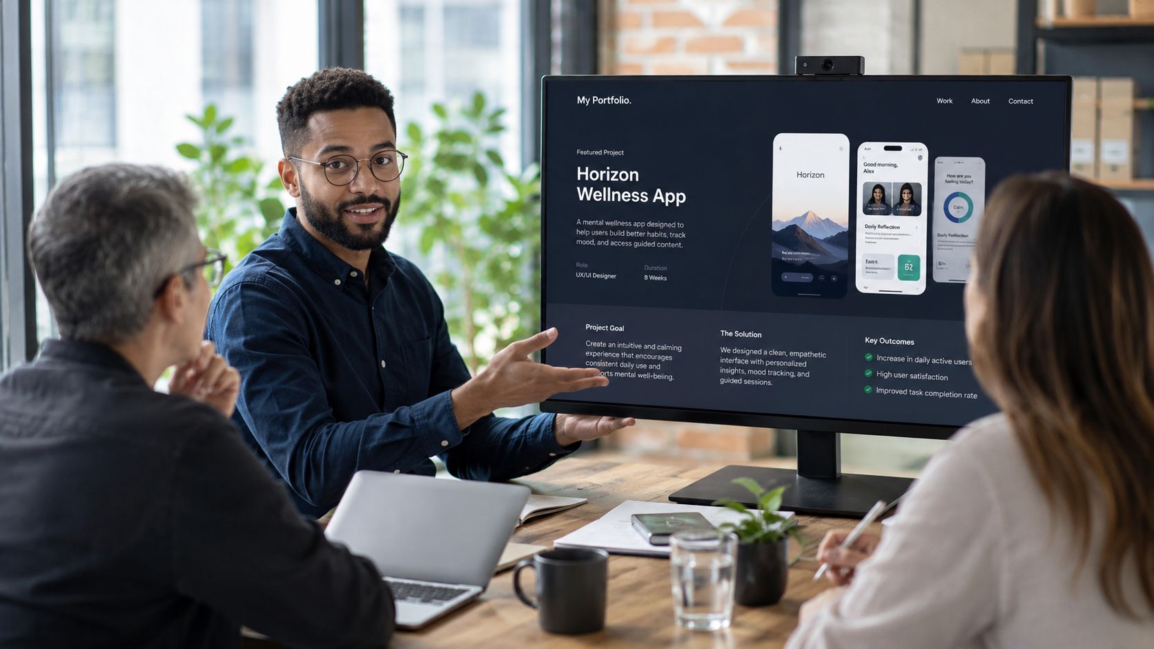 A professional web designer presents a portfolio project about a wellness app to his colleagues.