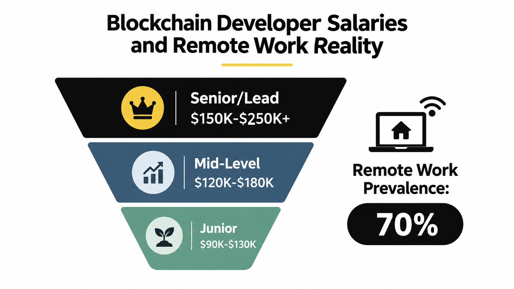 An infographic showing salary ranges for blockchain developers by experience level alongside remote work prevalence statistics.
