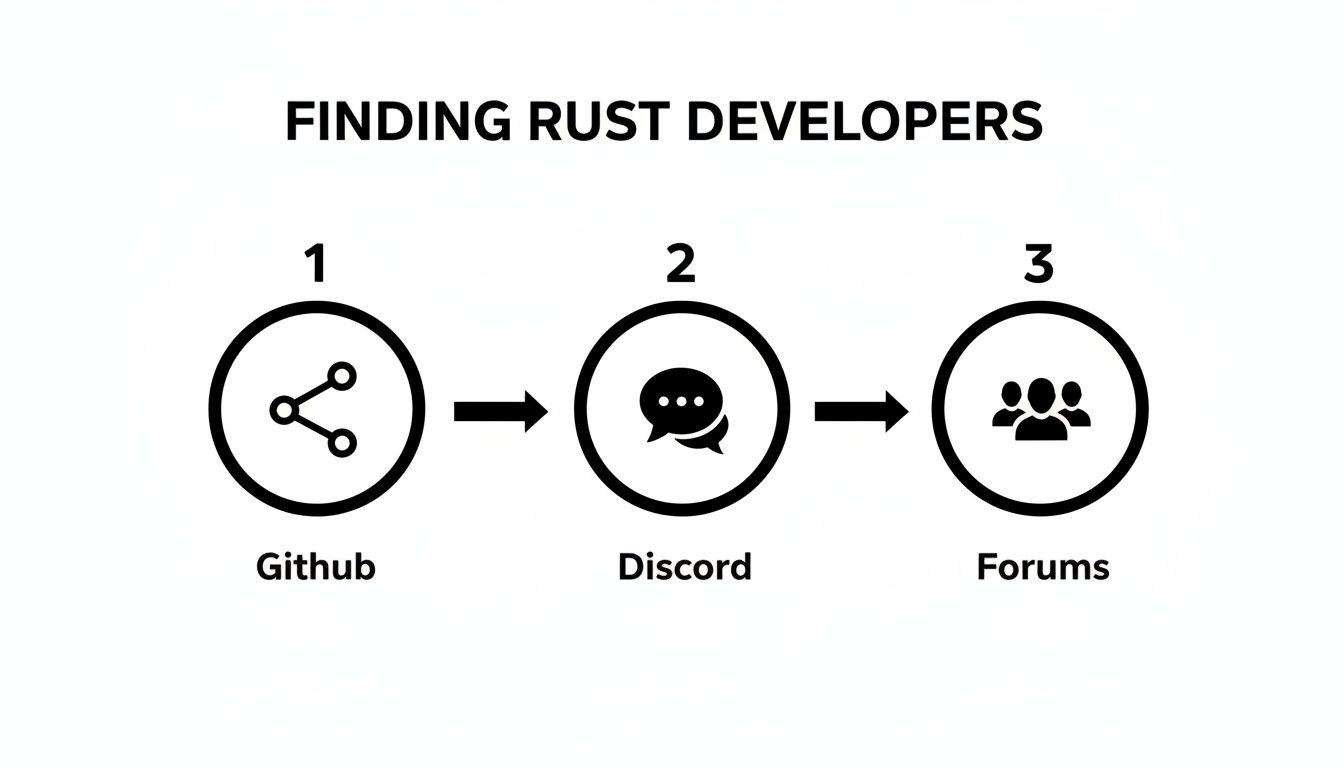 Diagram showing three steps to find Rust developers: Github, Discord, and Forums.