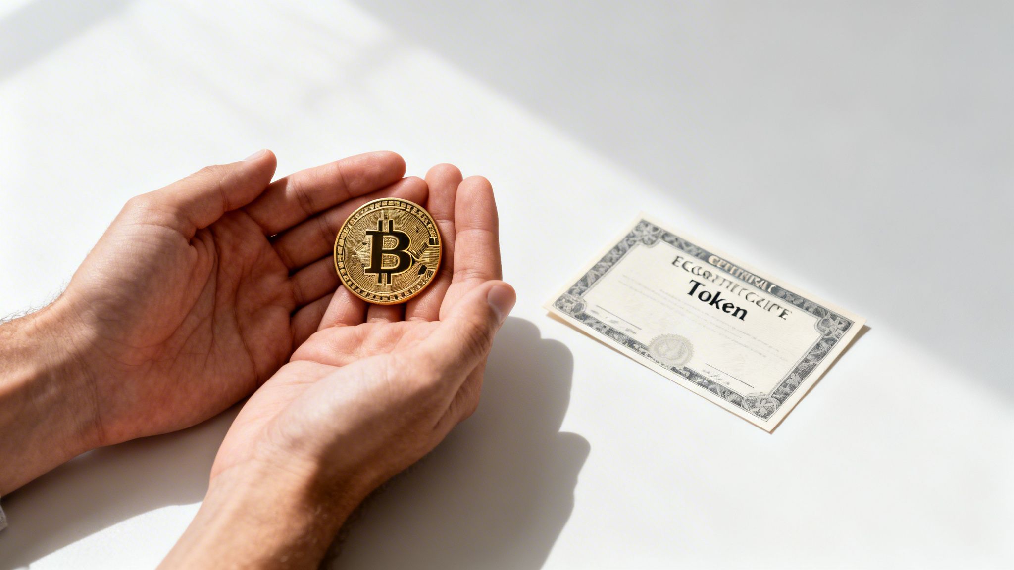 Hands holding a golden Bitcoin coin next to a physical 'Token' certificate on a white background.