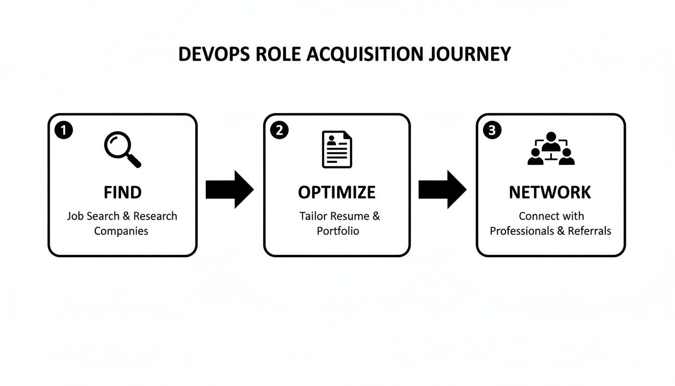 Flowchart outlining the three steps of the DevOps role acquisition journey: Find, Optimize, Network.