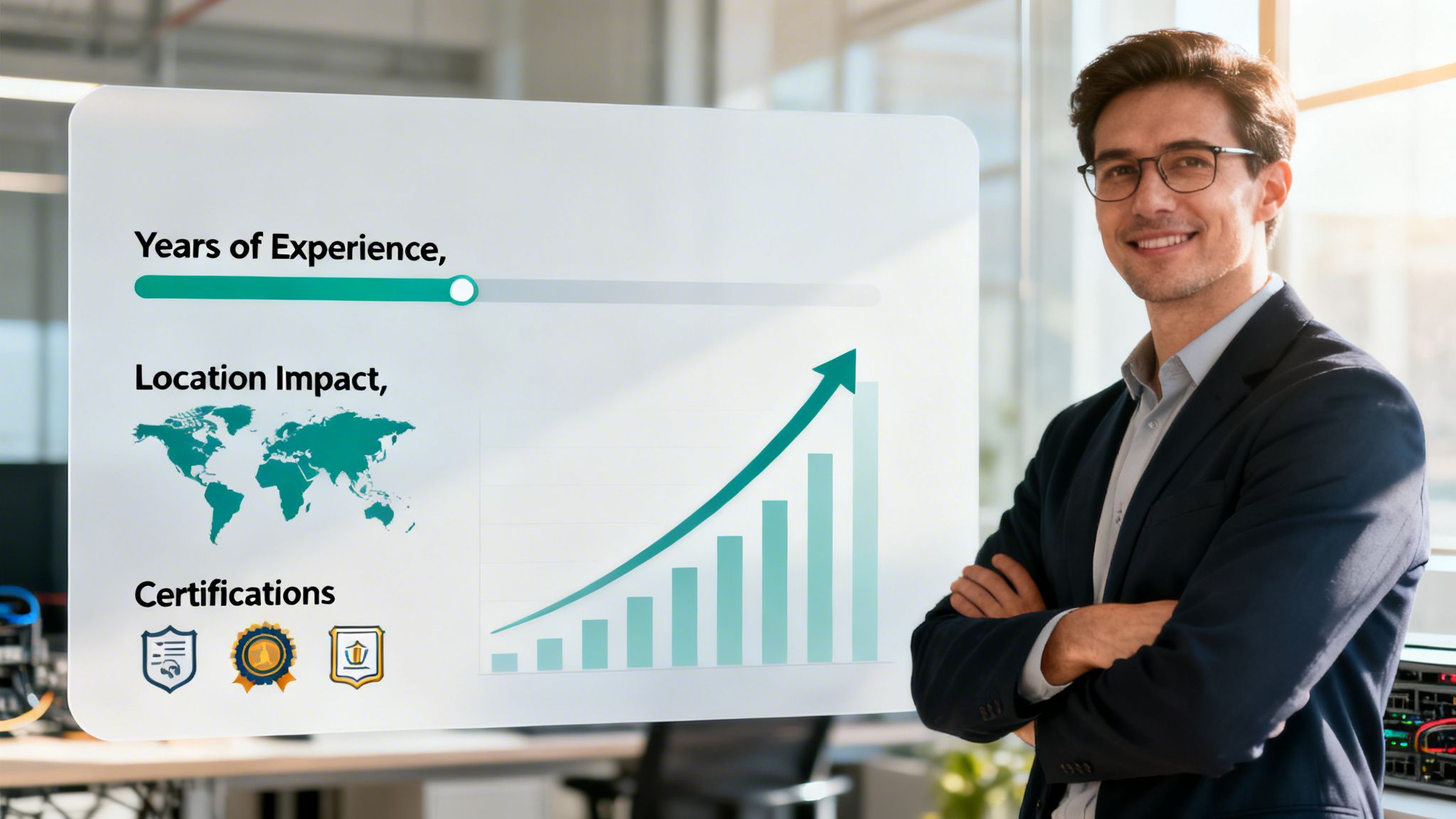 A professional network engineer standing next to a digital interface displaying growth metrics and career certifications.