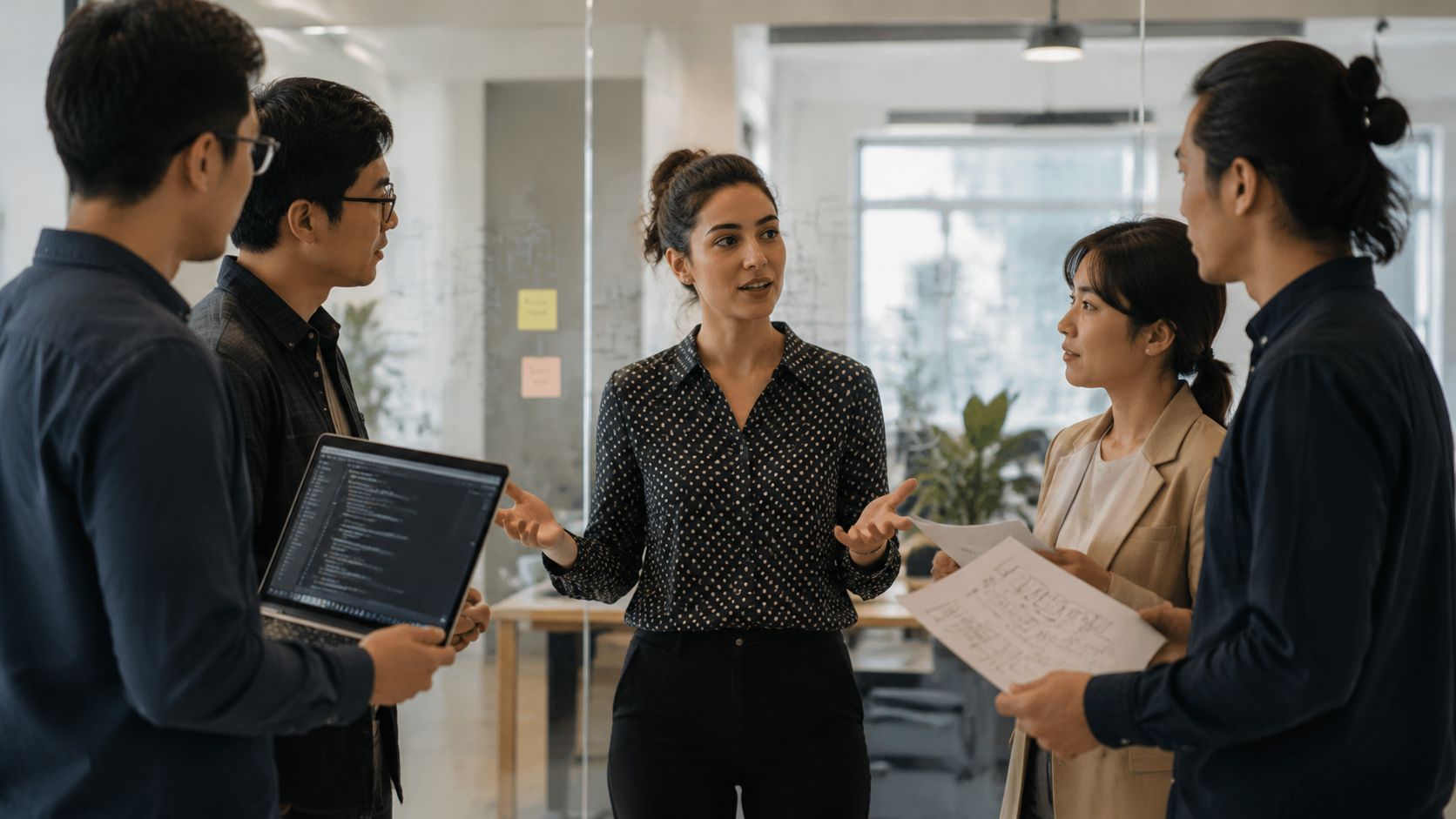 A diverse team of professionals discussing a project during a collaborative meeting in an office setting.