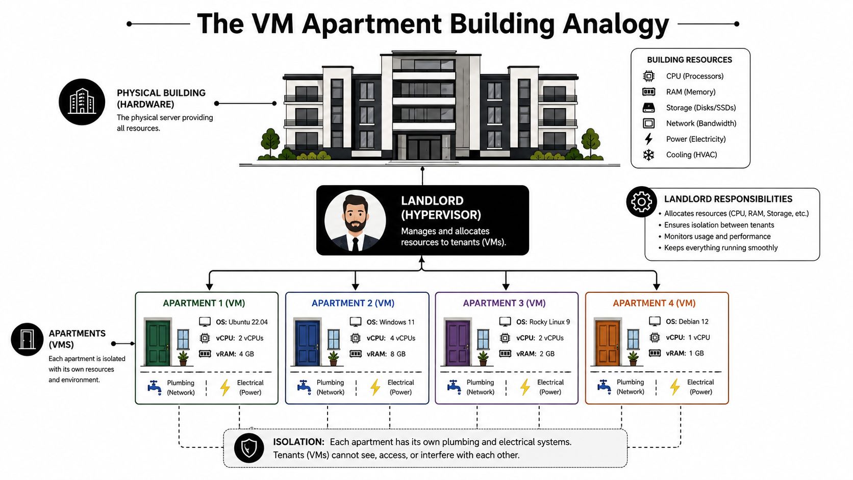 An infographic explaining how virtual machines function using an apartment building analogy with a landlord and tenants.
