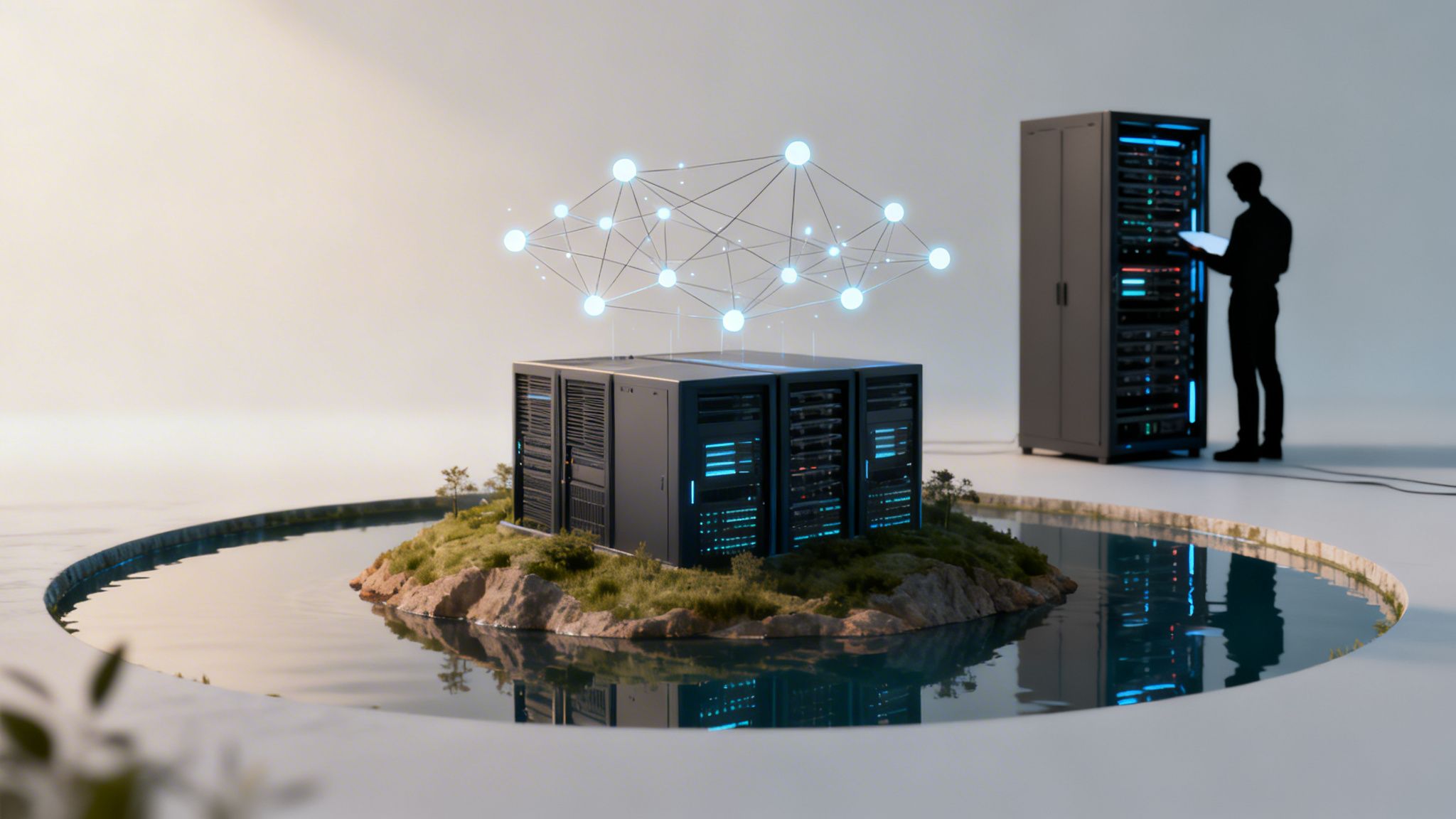 Modern data center infrastructure concept with server racks on an island and a network engineer.