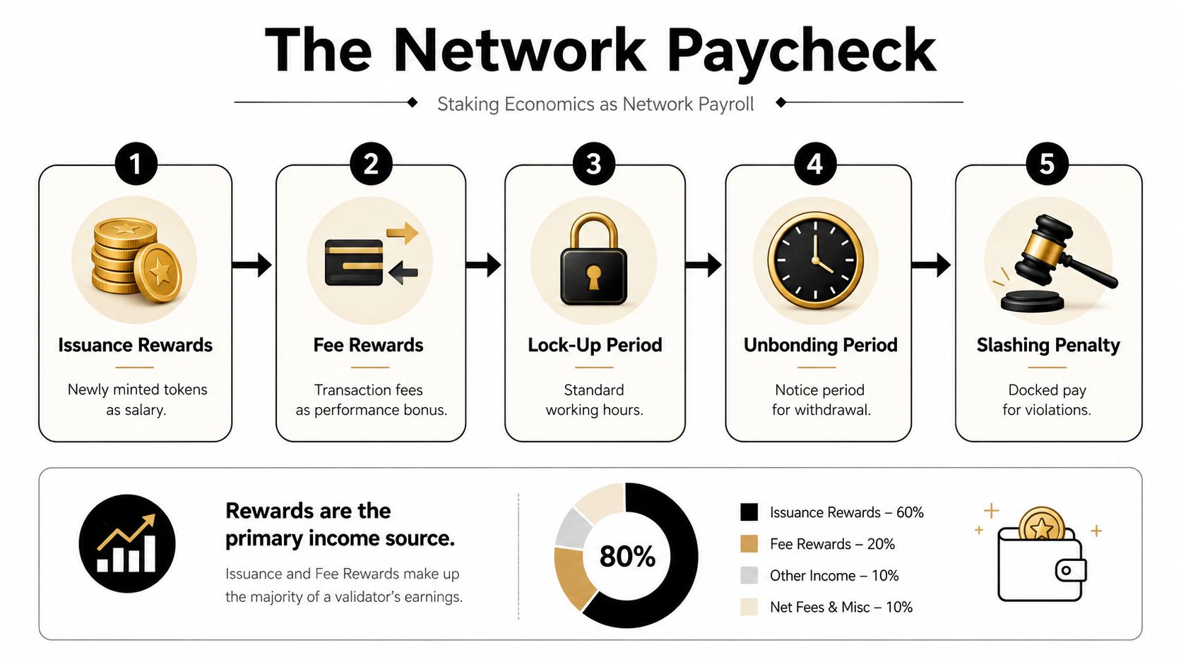 An infographic titled The Network Paycheck explaining staking economics using a five-step payroll metaphor for cryptocurrency.