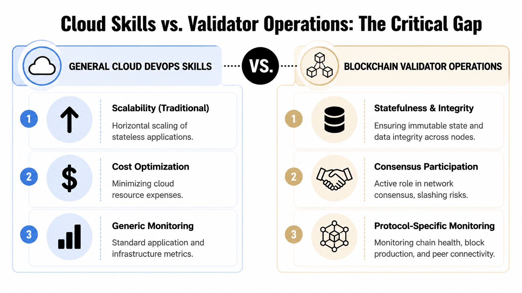 A comparison chart showing the differences between general cloud DevOps skills and blockchain validator operations.