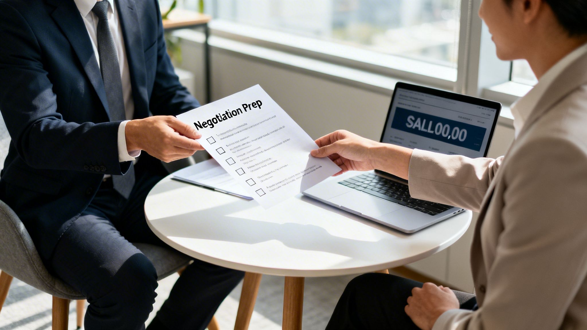 Two business professionals exchanging a 'Negotiation Prep' document during a meeting, with a laptop displaying financial data.