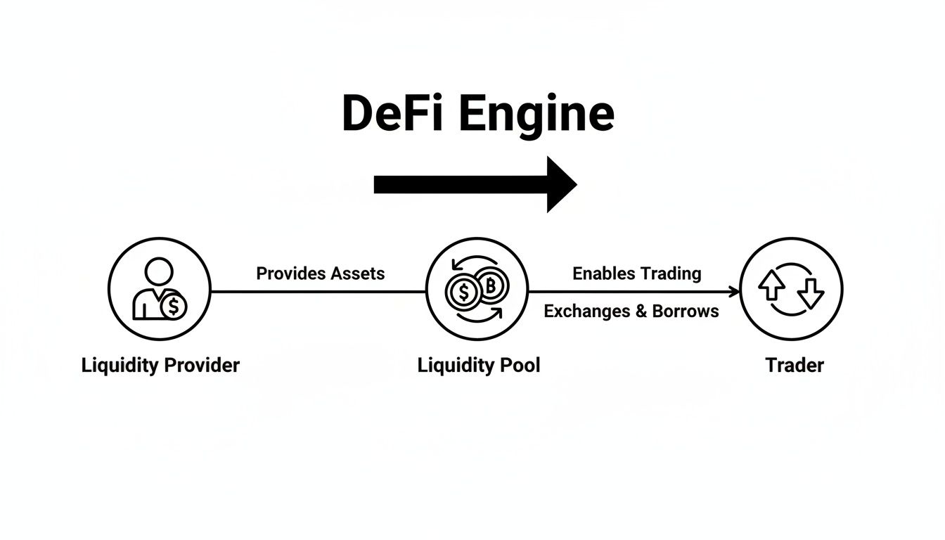 Diagram illustrating the DeFi Engine flow, showing liquidity providers, liquidity pools, and traders.