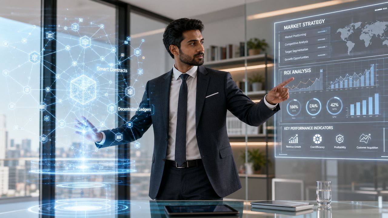 A professional business consultant interacts with a futuristic holographic digital interface featuring blockchain technology data visualization.