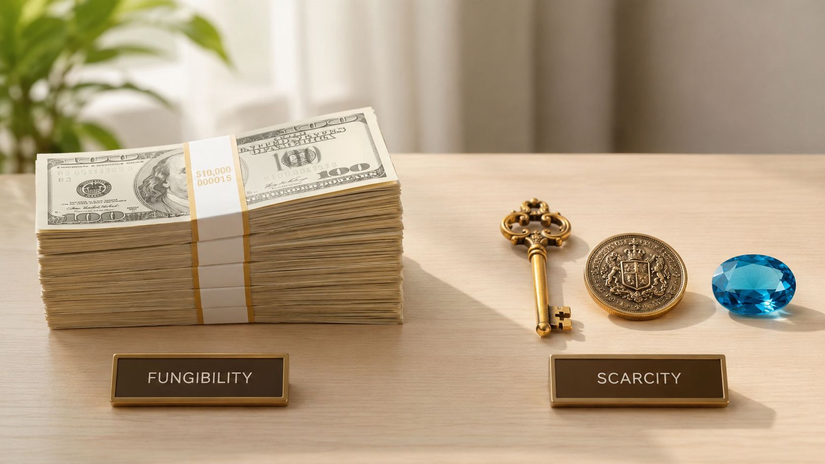 A stack of US dollar bills representing fungibility beside a vintage key, gold coin, and gem representing scarcity.