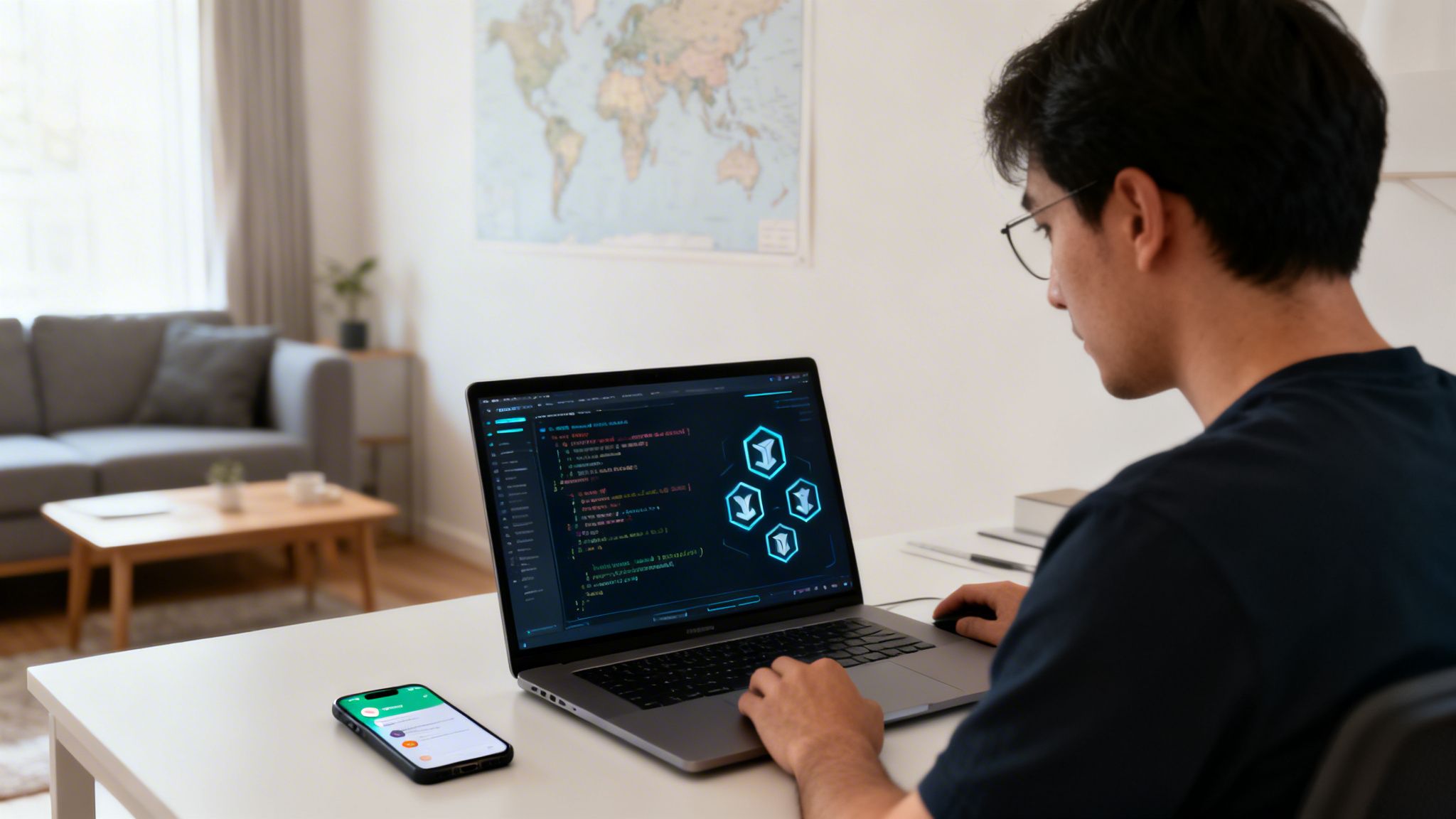 A man wearing glasses codes on a laptop with a smartphone nearby in a home office.