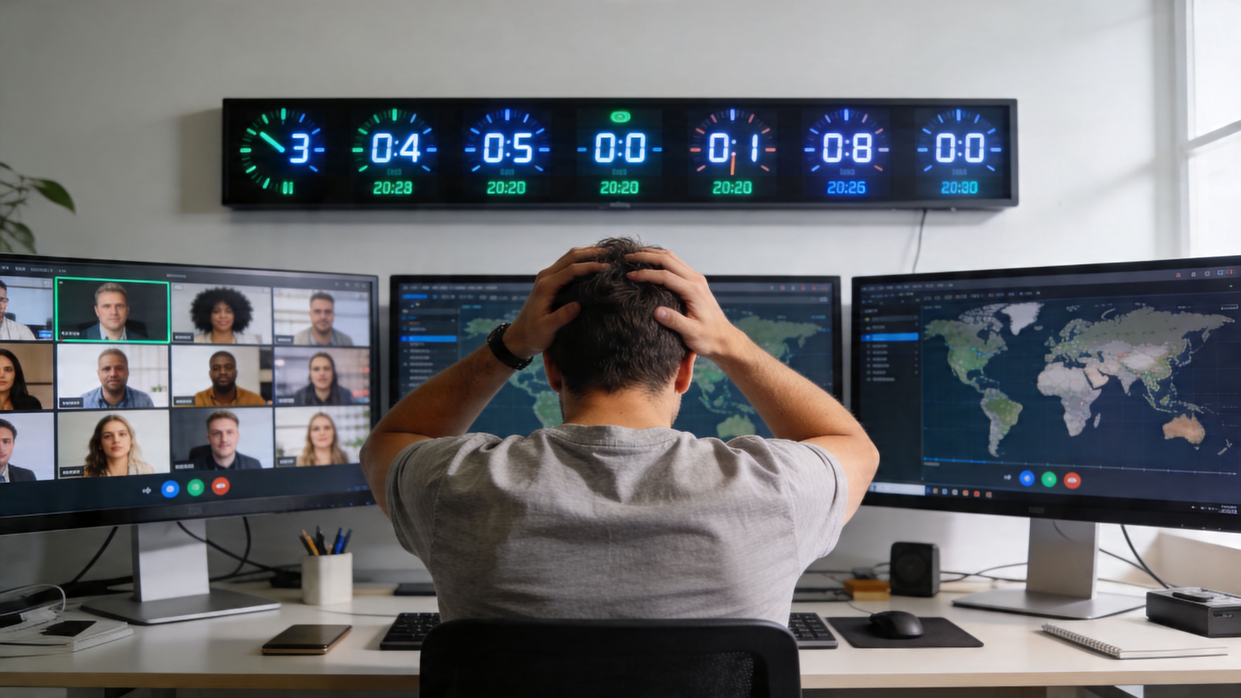 A person sitting at a desk with multiple monitors, looking overwhelmed while participating in a remote video meeting.