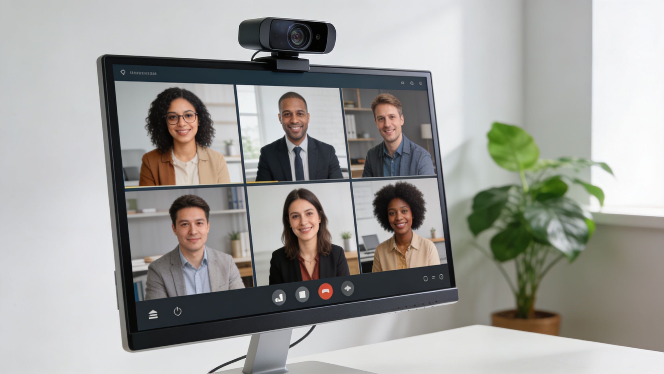 A computer monitor displaying a video conference call with six professionals on a virtual team meeting.