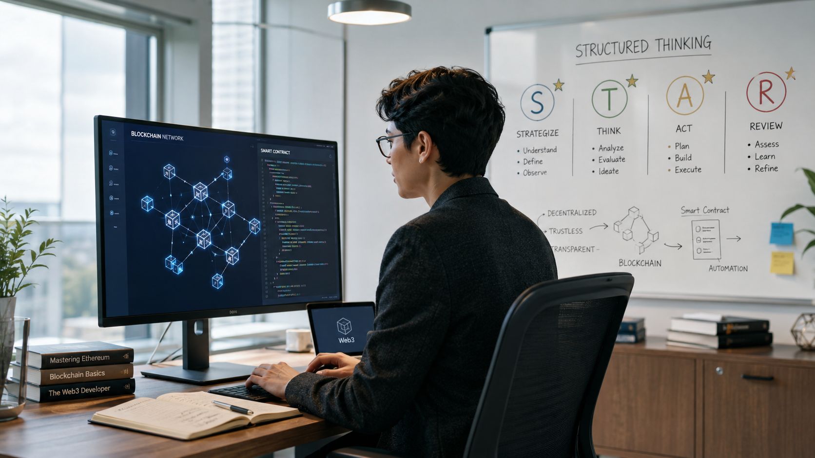 A professional developer working at a desk with a blockchain project displayed on their computer monitor.