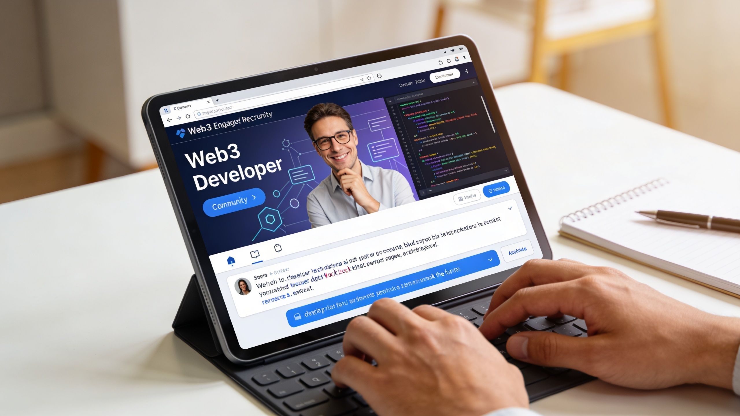 A person using a tablet to access a website for hiring Web3 developers and blockchain programmers.