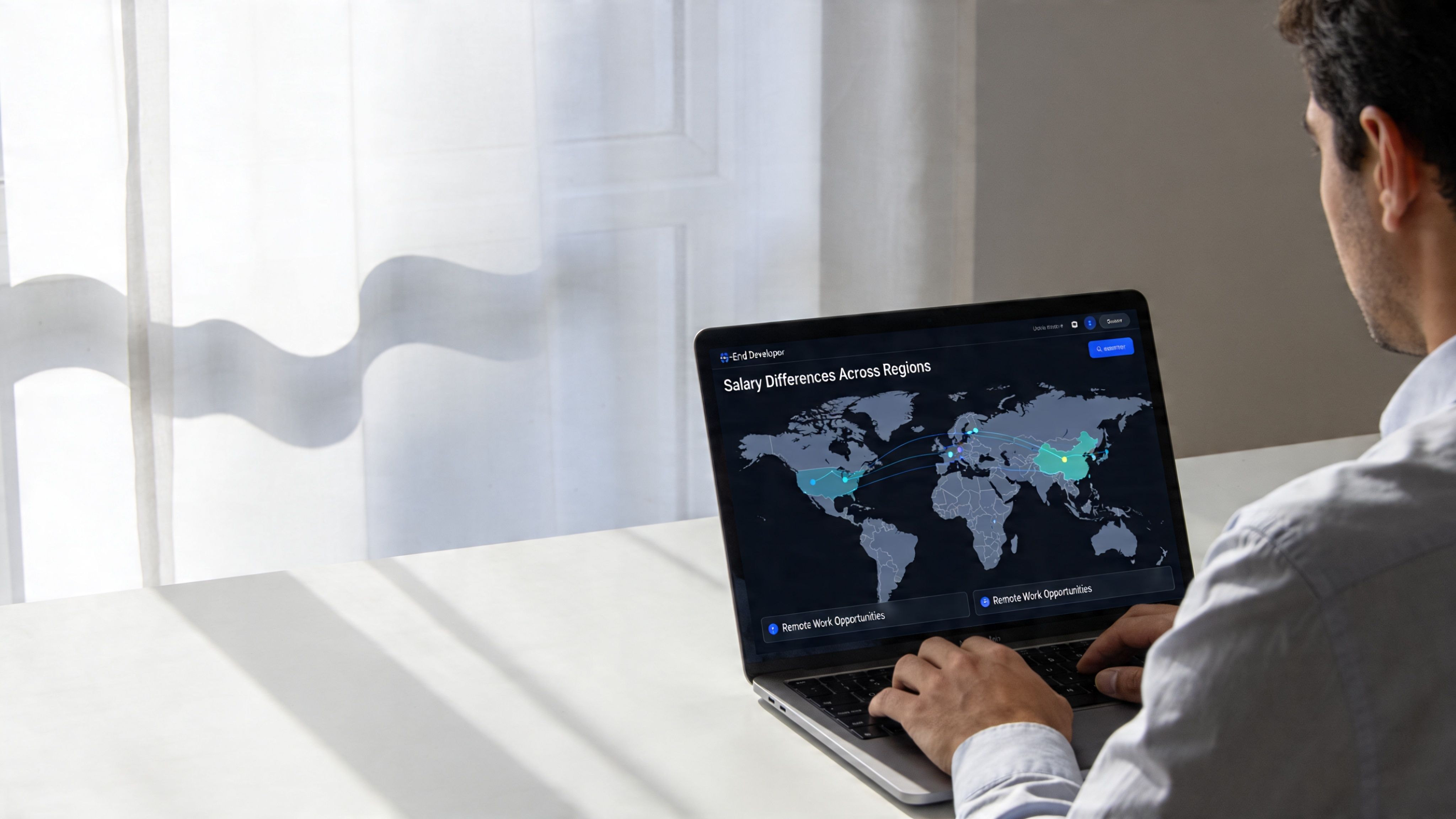 A developer reviewing global salary trends for front end roles on a laptop screen.
