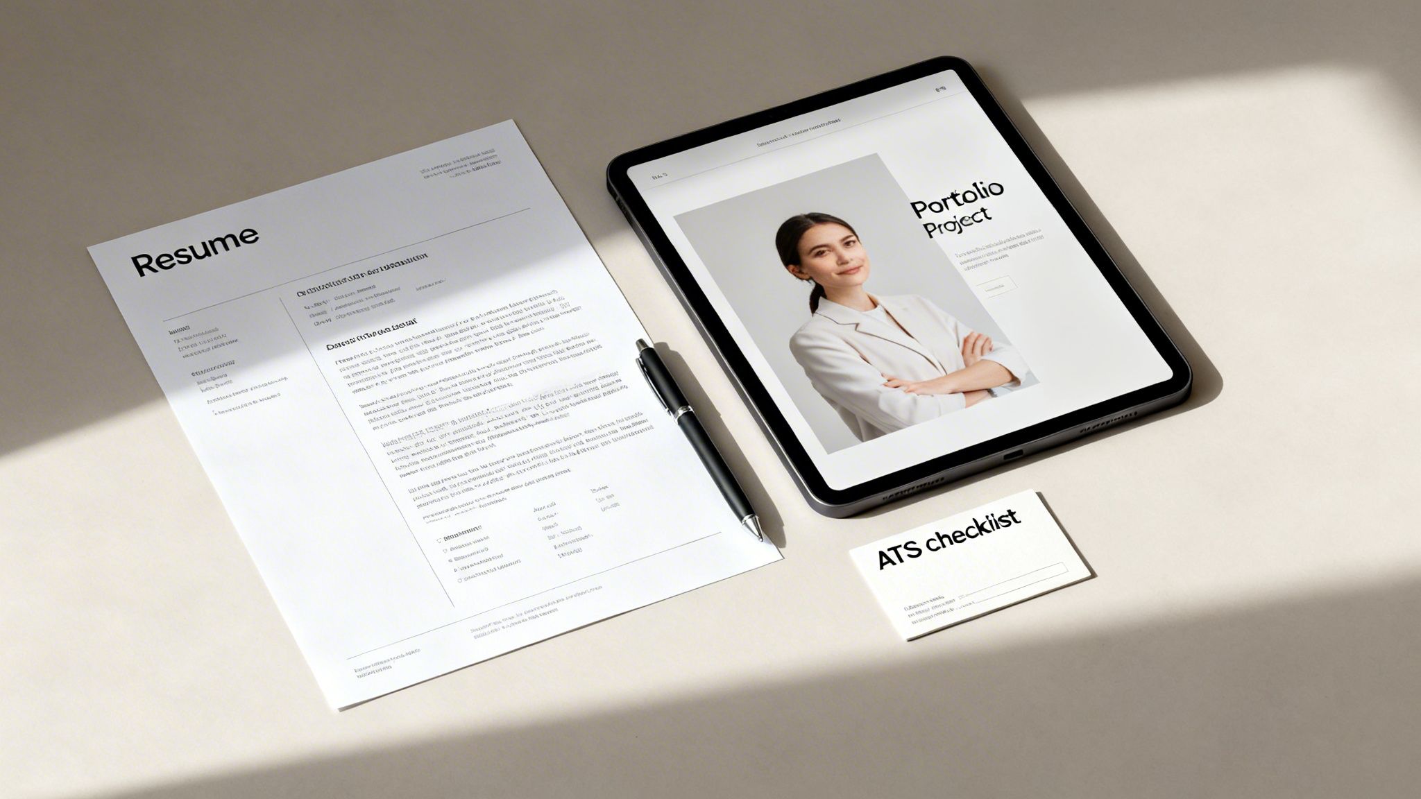 A professional workspace featuring a resume, a tablet displaying a portfolio project, a pen, and an ATS checklist card.