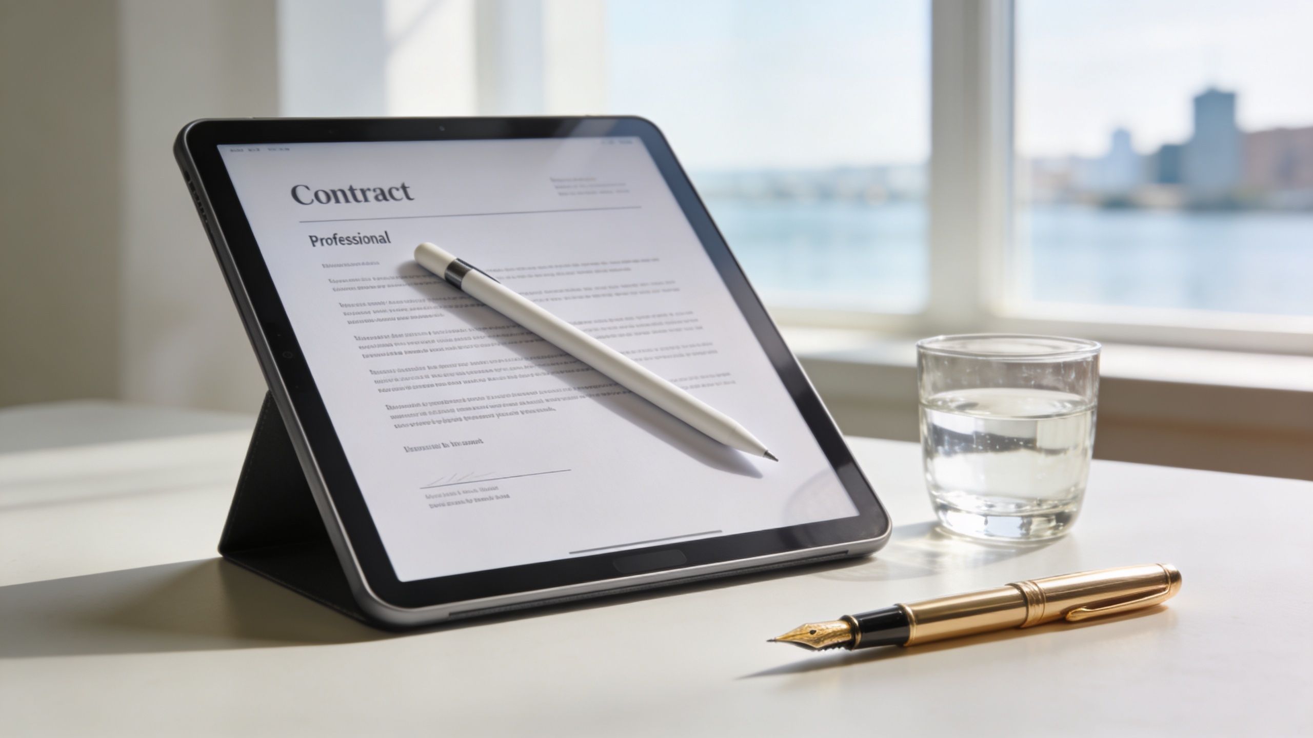 A tablet displaying a digital professional contract document with a stylus pen resting on the screen.