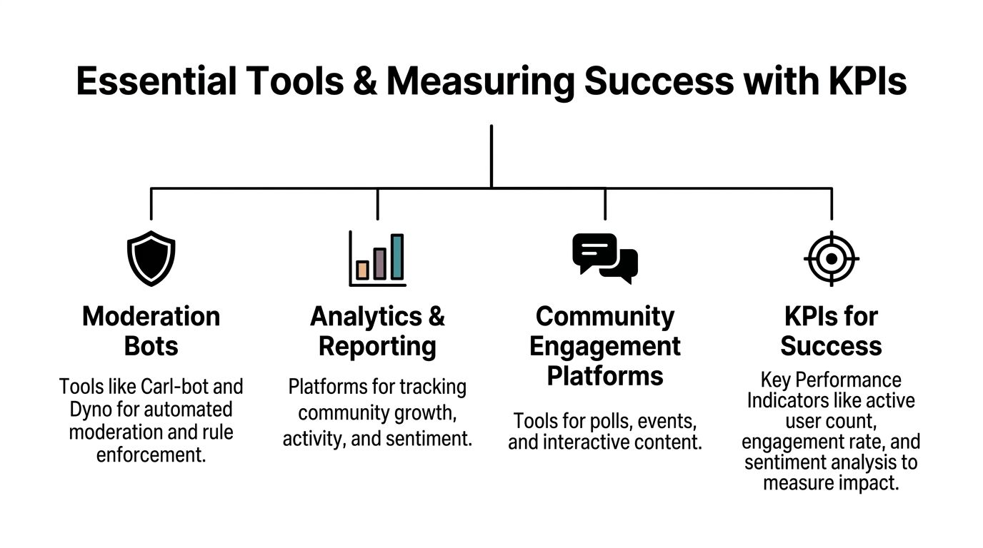 A diagram illustrating essential tools for community management, including moderation bots, analytics platforms, and engagement metrics.