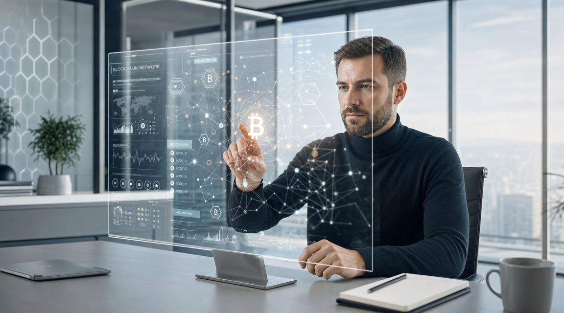 A professional man interacting with a futuristic blockchain technology dashboard in a modern office setting.