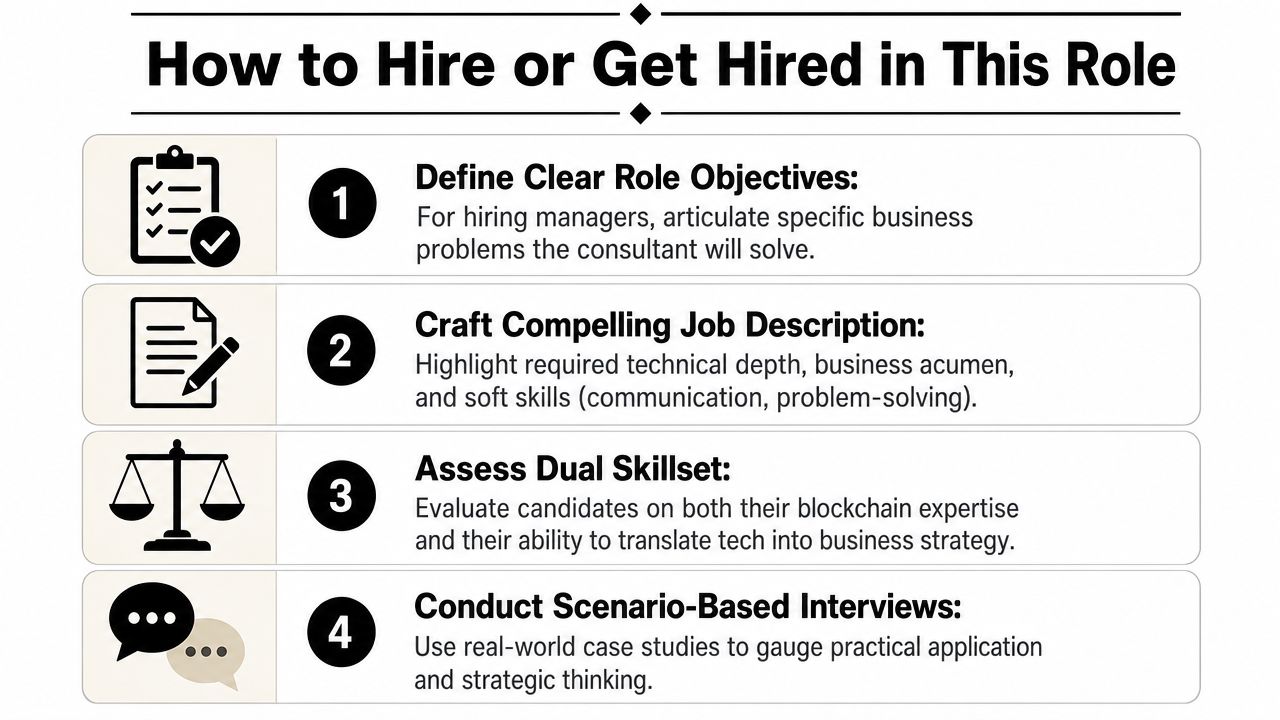 An infographic outlining four professional steps for hiring or getting hired as an enterprise blockchain consultant.