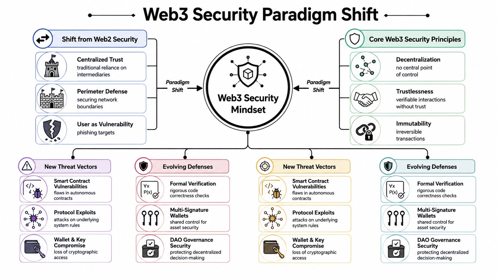 A diagram illustrating the shift from traditional Web2 security practices to the foundational principles of Web3 security.