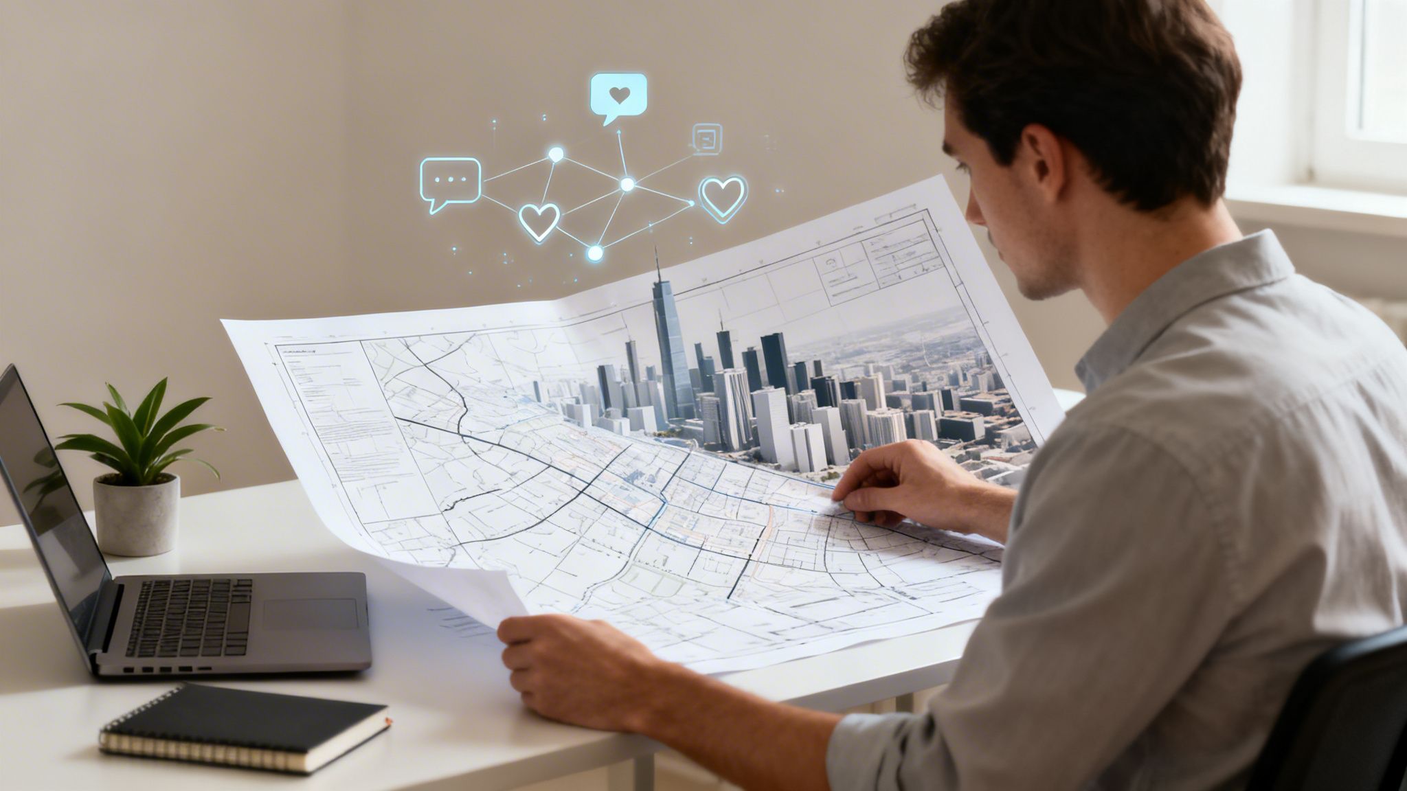 Man examining a city map with augmented reality social icons, representing urban community insights.