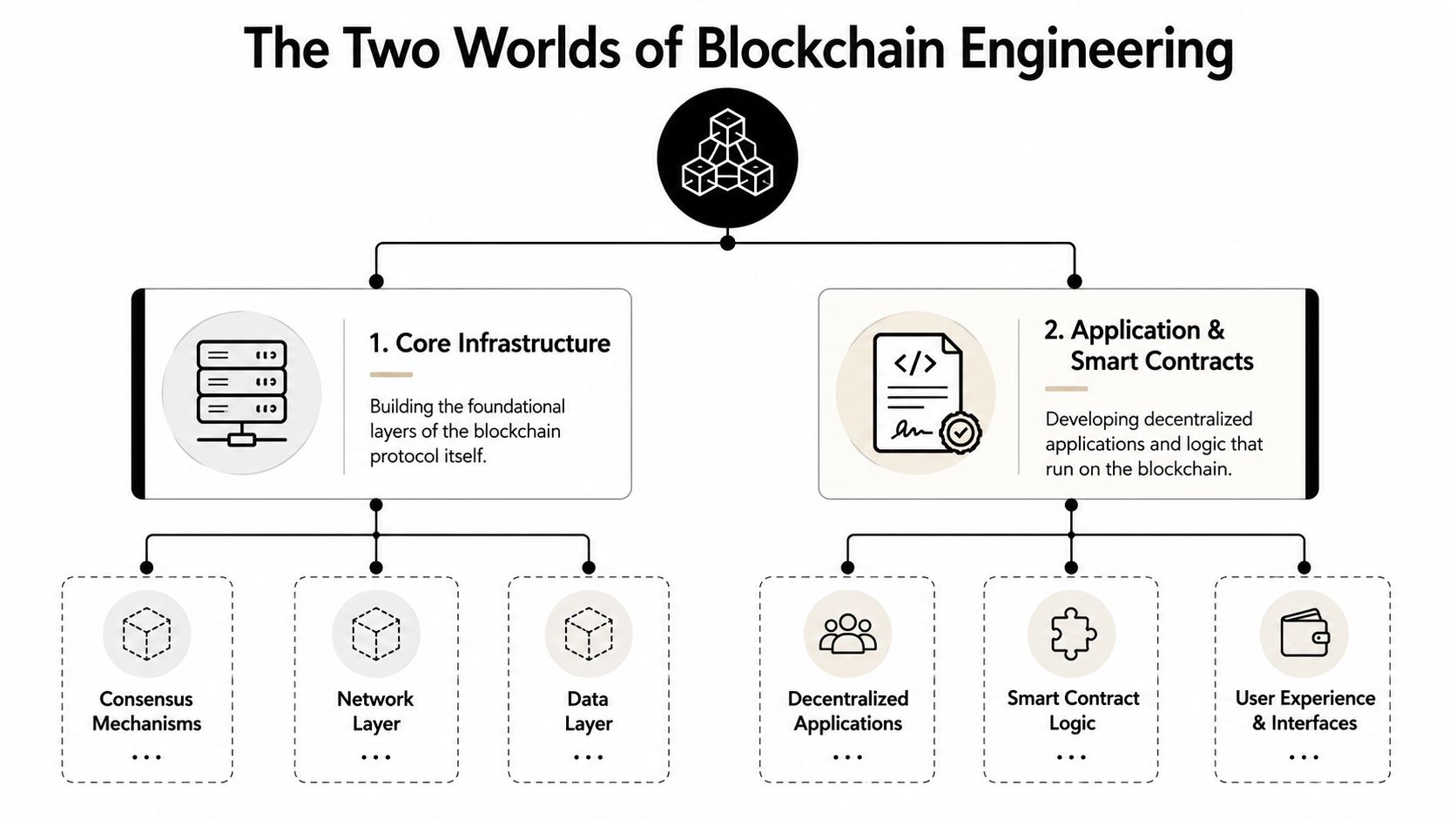 A diagram illustrating the two main domains of blockchain engineering: core infrastructure and application and smart contracts.