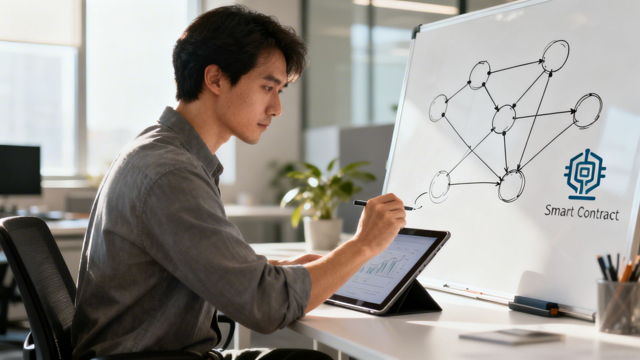 A focused blockchain engineer works on a tablet with a stylus, while a smart contract diagram is on a whiteboard.