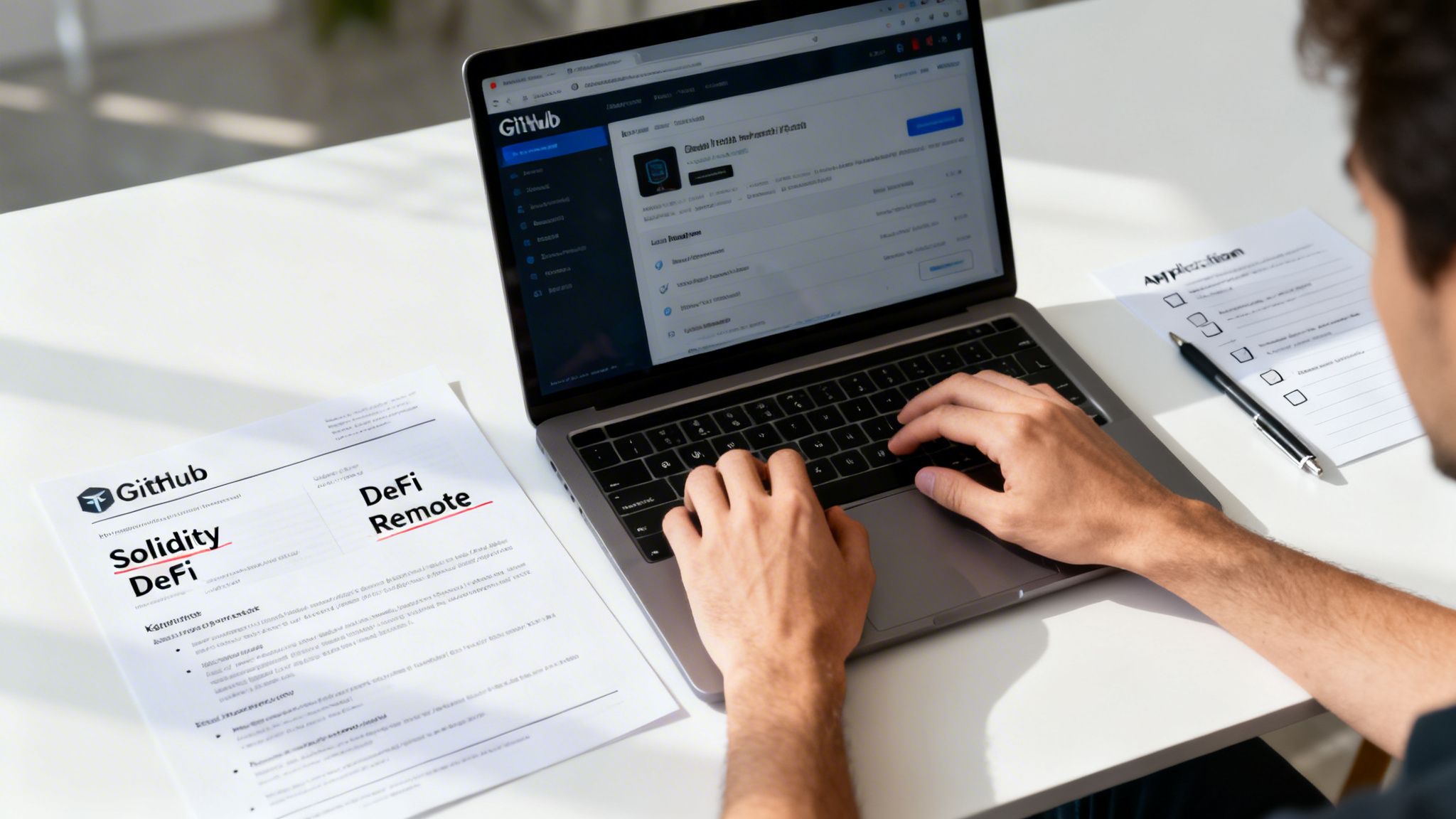 Person typing on a laptop with GitHub and DeFi documents on a white desk, applying for a job.