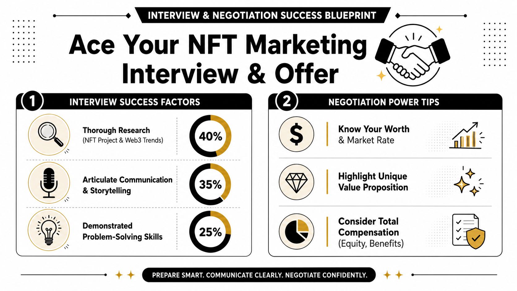 A professional infographic titled Ace Your NFT Marketing Interview and Offer, outlining success factors and negotiation tips.