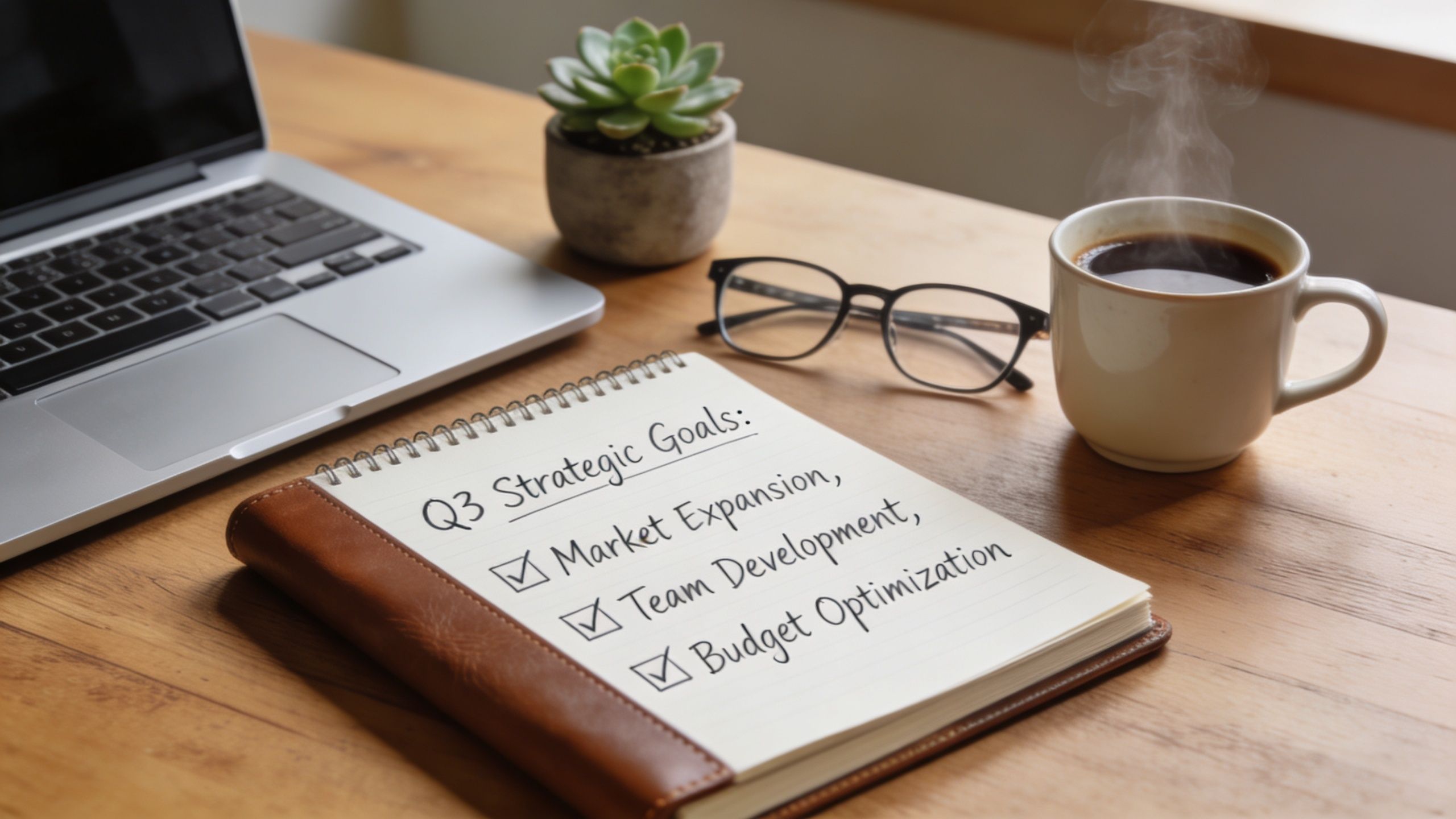 A notepad on a wooden desk listing Q3 strategic goals including market expansion, team development, and budget optimization.