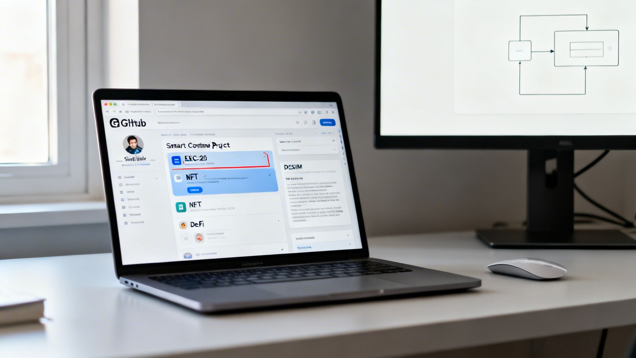 A laptop displaying a smart contract project on GitHub, with an external monitor showing a diagram.