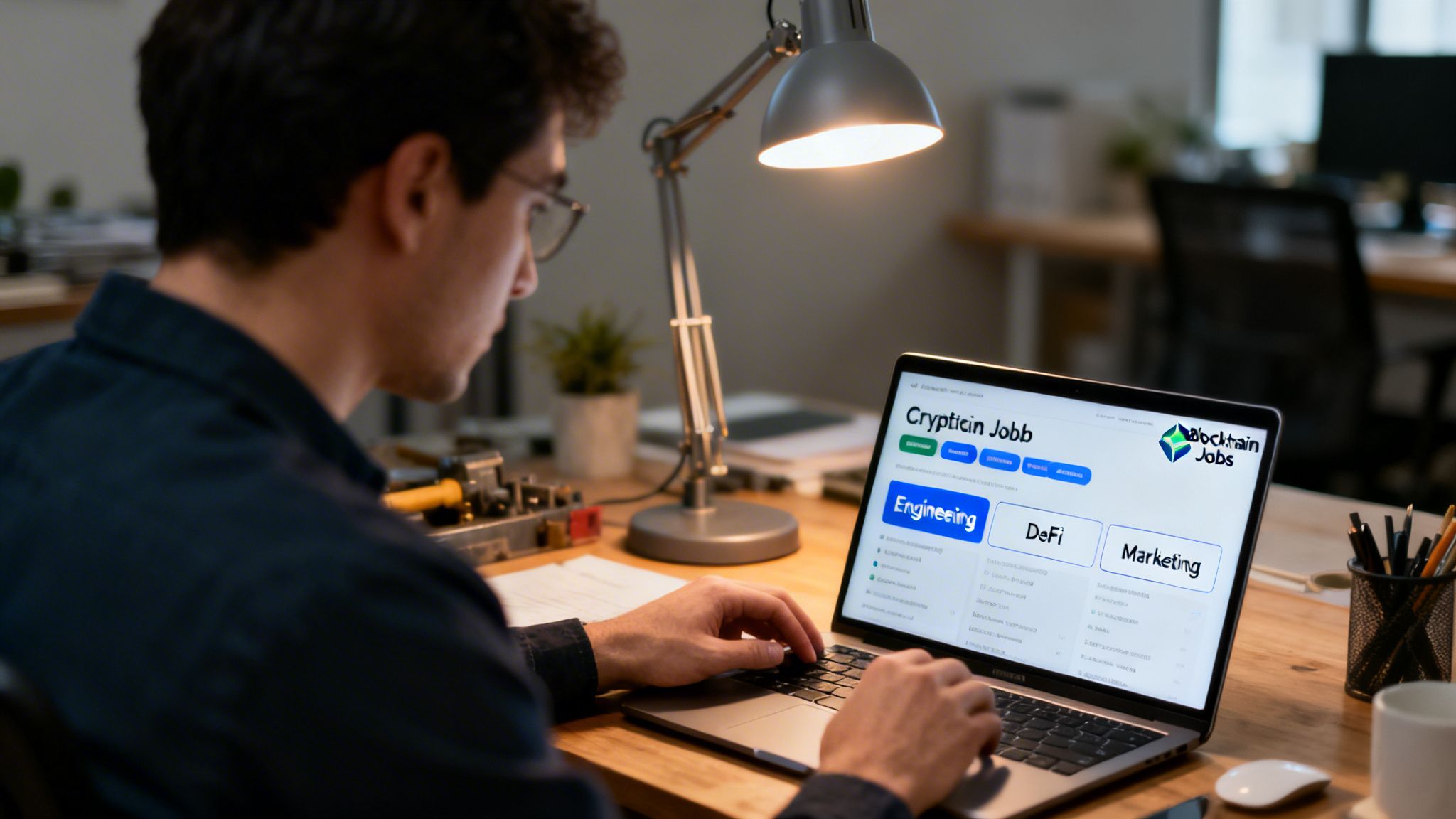 A person searches for blockchain jobs on a laptop, viewing categories like Engineering, DeFi, and Marketing.