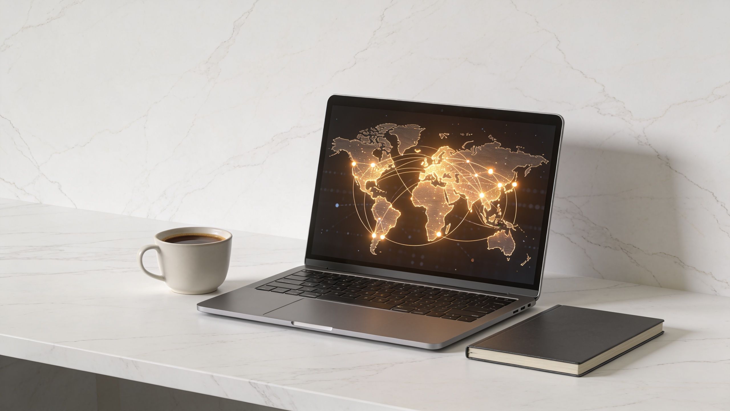 A sleek silver laptop displaying a glowing world map network on a white marble desk.
