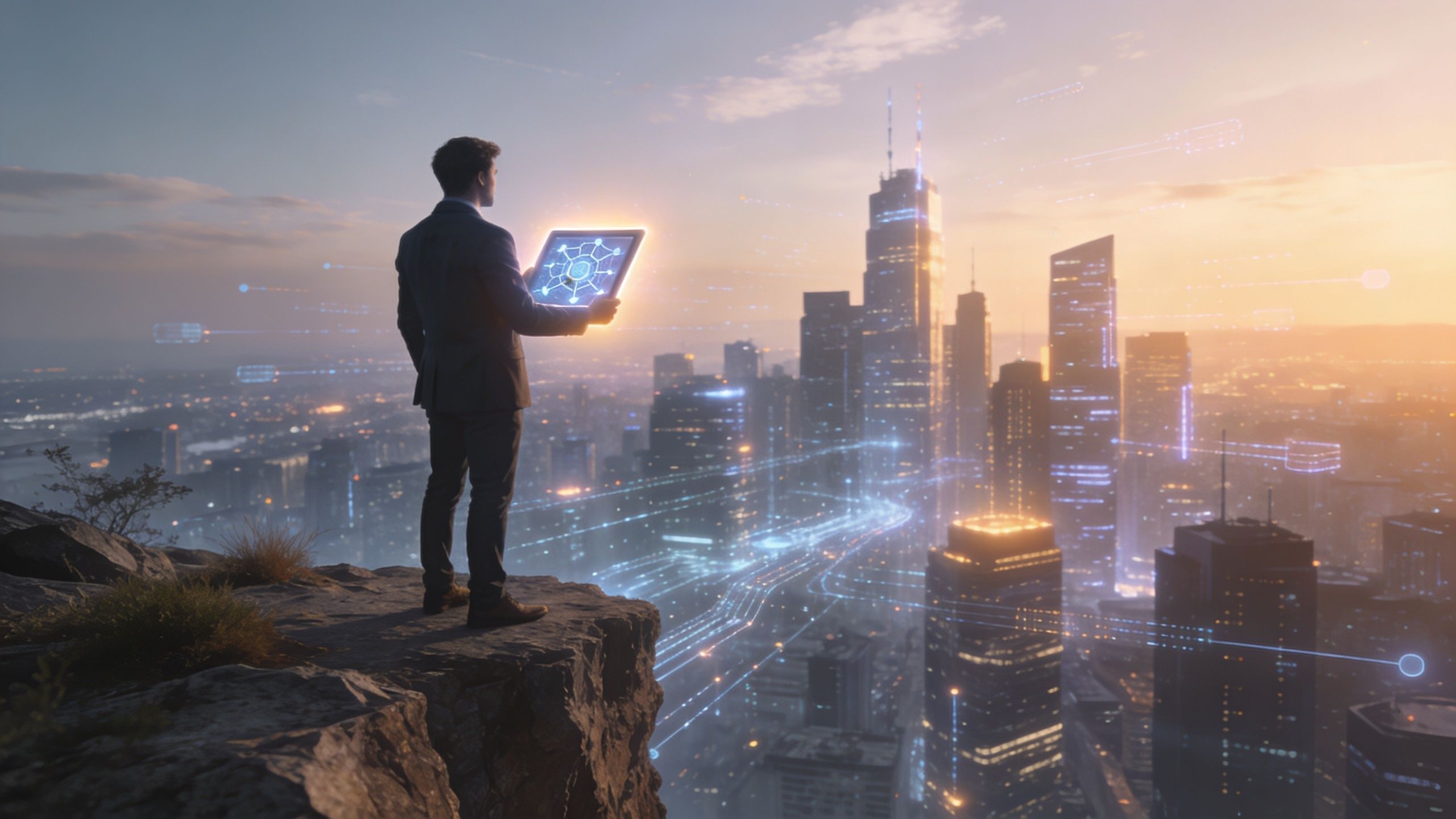 A businessman on a cliff edge overlooks a digital futuristic cityscape while holding a glowing tablet device.