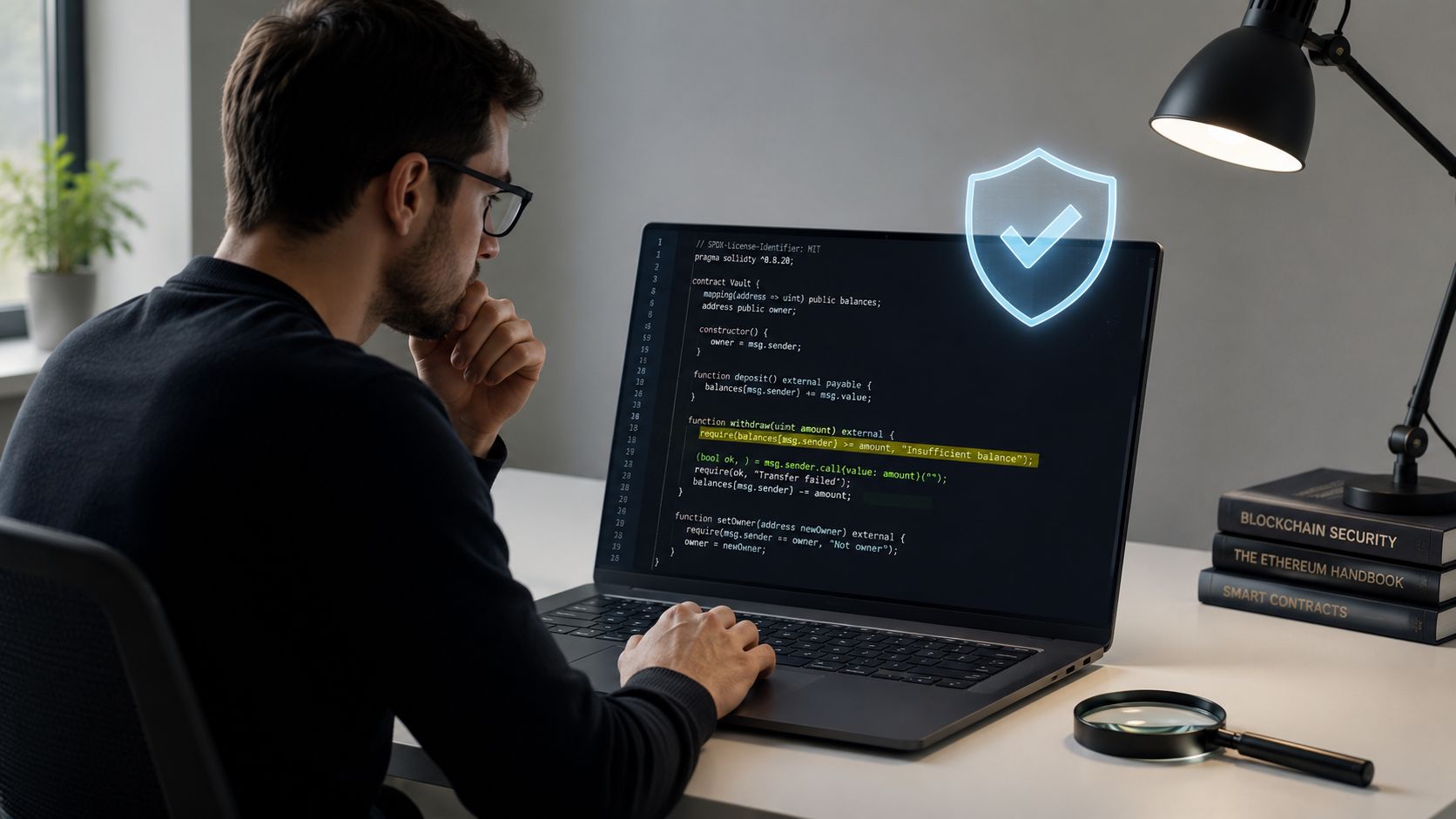 A male software developer looking at code on a laptop screen with a virtual security shield icon.