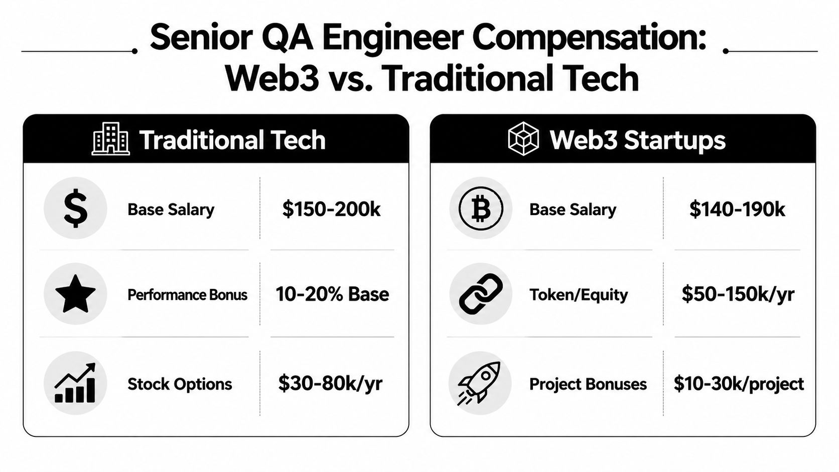 A comparison chart showing compensation breakdown for senior QA engineers in traditional tech versus Web3 startups.