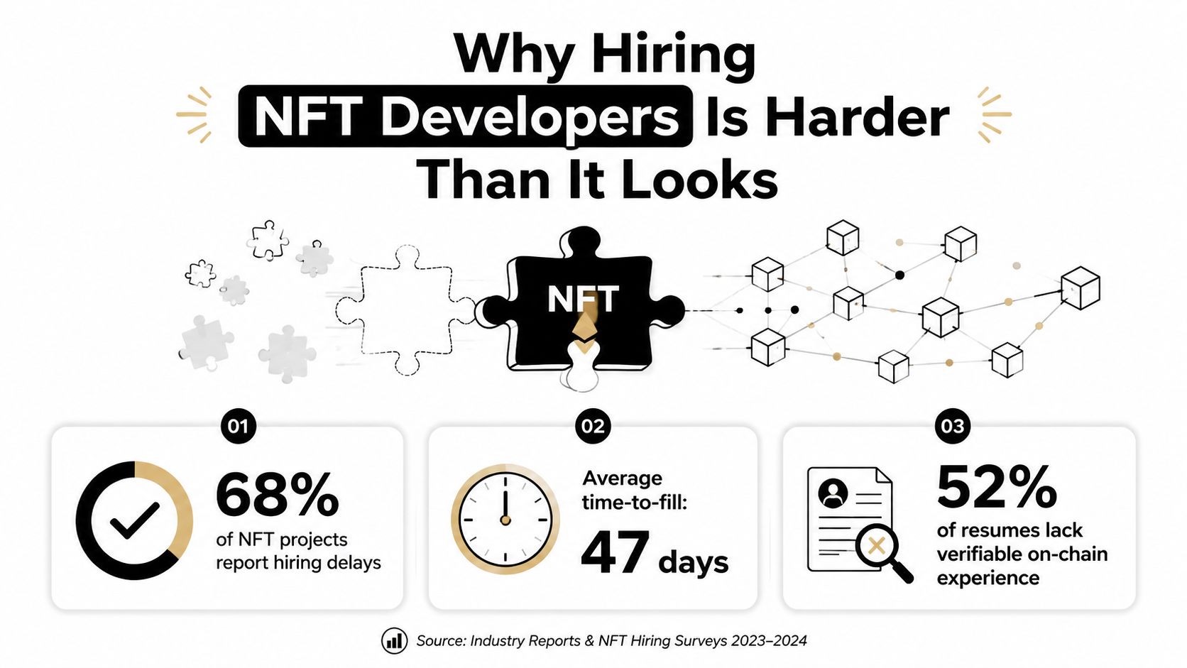 An infographic titled Why Hiring NFT Developers Is Harder Than It Looks featuring hiring statistics.
