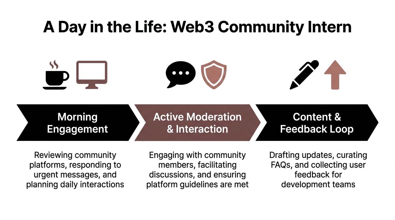 A timeline graphic showing daily tasks for a Web3 community intern, including engagement, moderation, and feedback.