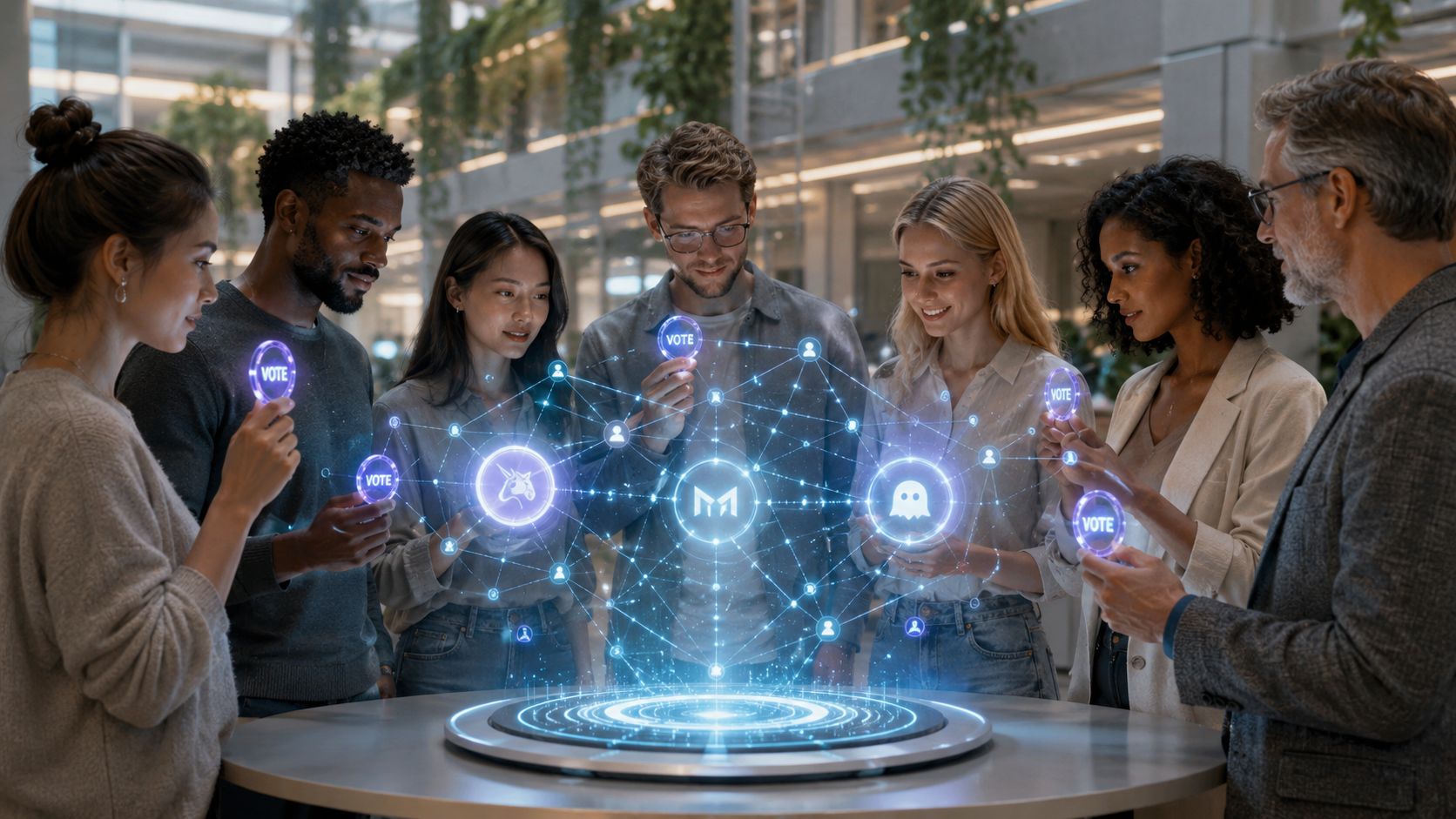 A diverse group of professionals collaborating around a glowing digital hologram representing decentralized governance and blockchain voting.