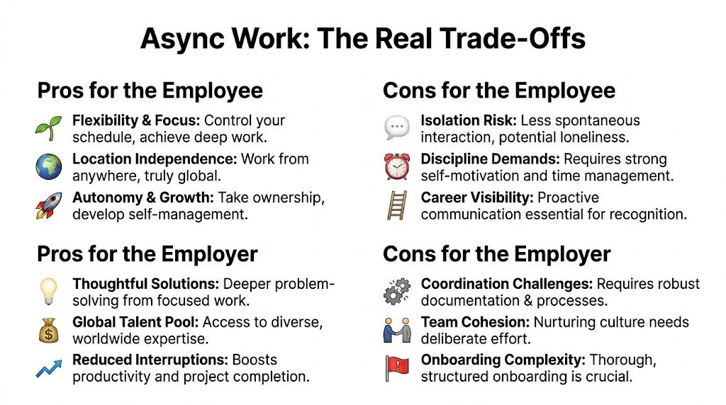 A structured infographic detailing the pros and cons of async work for both employees and employers.
