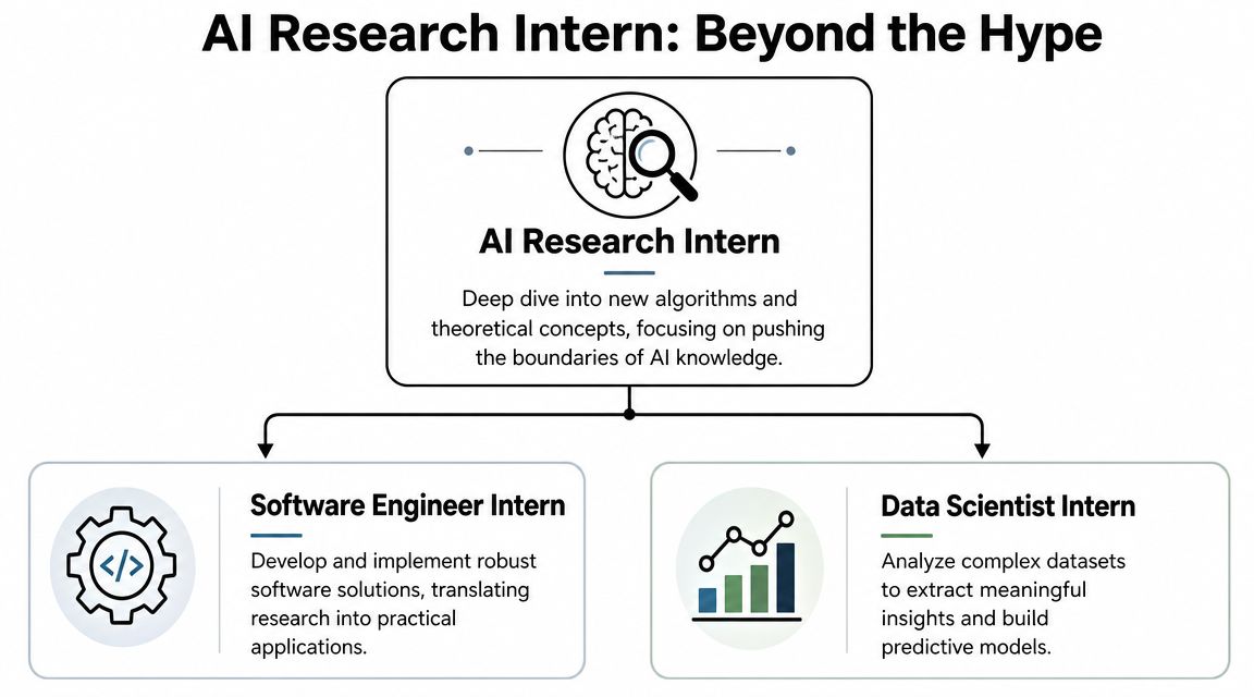 A diagram outlining roles for an AI Research Intern, Software Engineer Intern, and Data Scientist Intern.