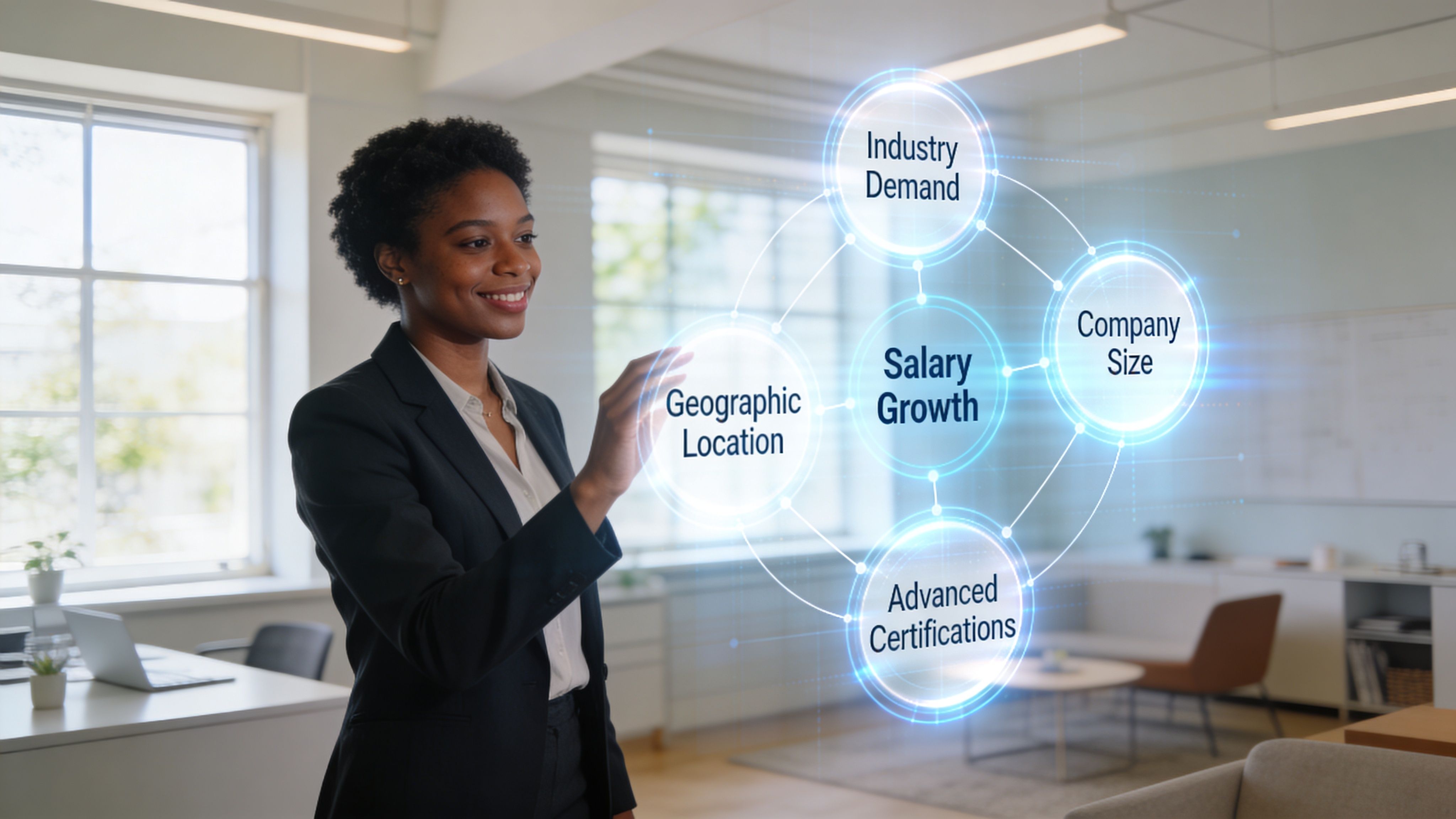 A professional woman interacting with a digital infographic showing factors affecting salary growth in an office.